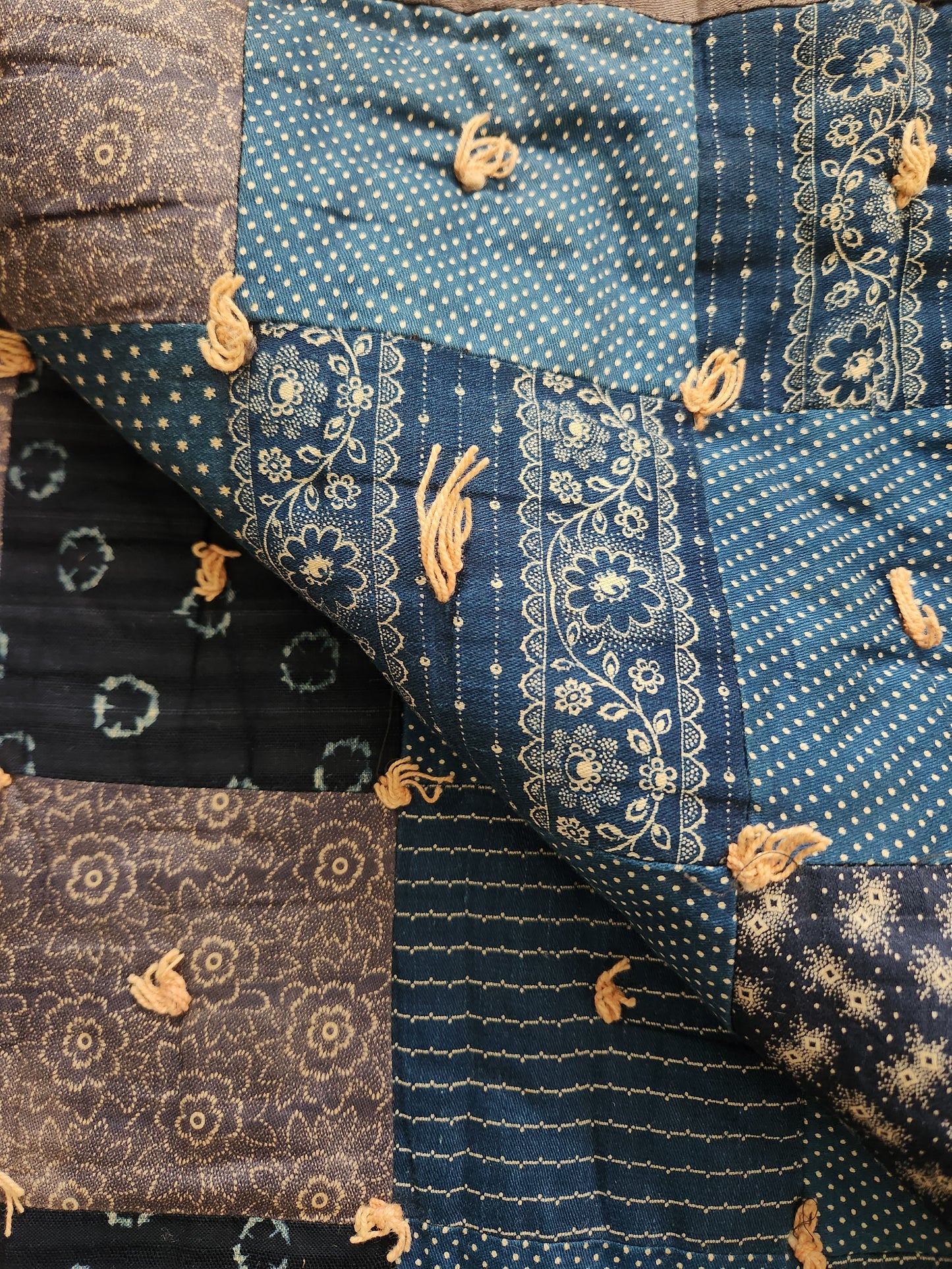 Antique Hand Tied Indigo Blue Patchwork Comforter Quilt