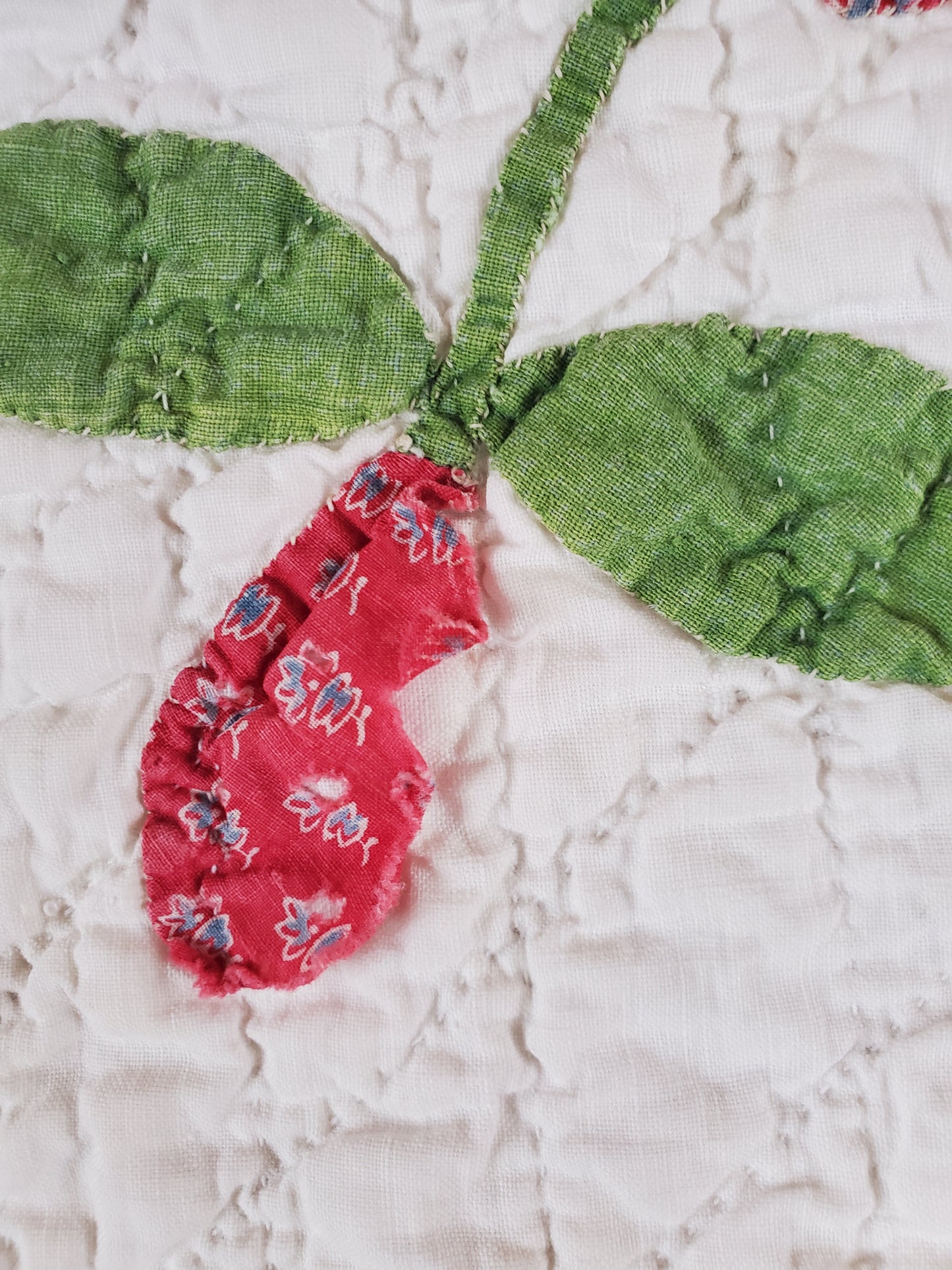 19th Century Pink & Green Antique Rose Wreath Applique Quilt