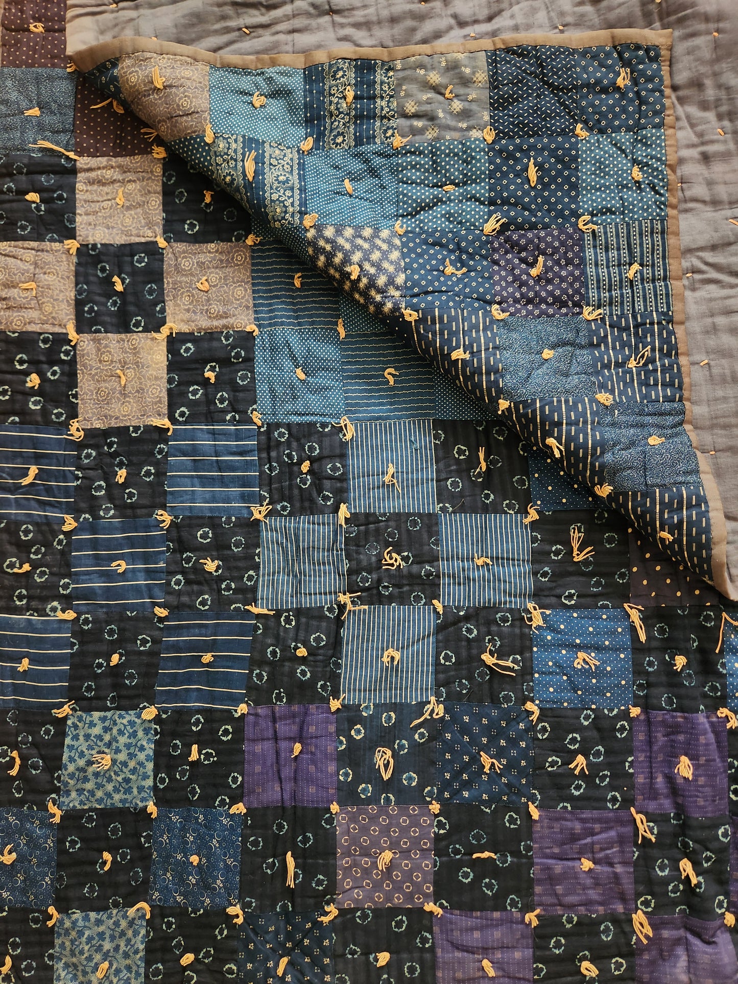 Antique Hand Tied Indigo Blue Patchwork Comforter Quilt