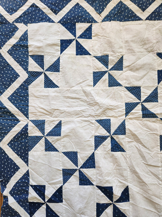 Antique Blue & White Pinwheel Quilt Top c1900