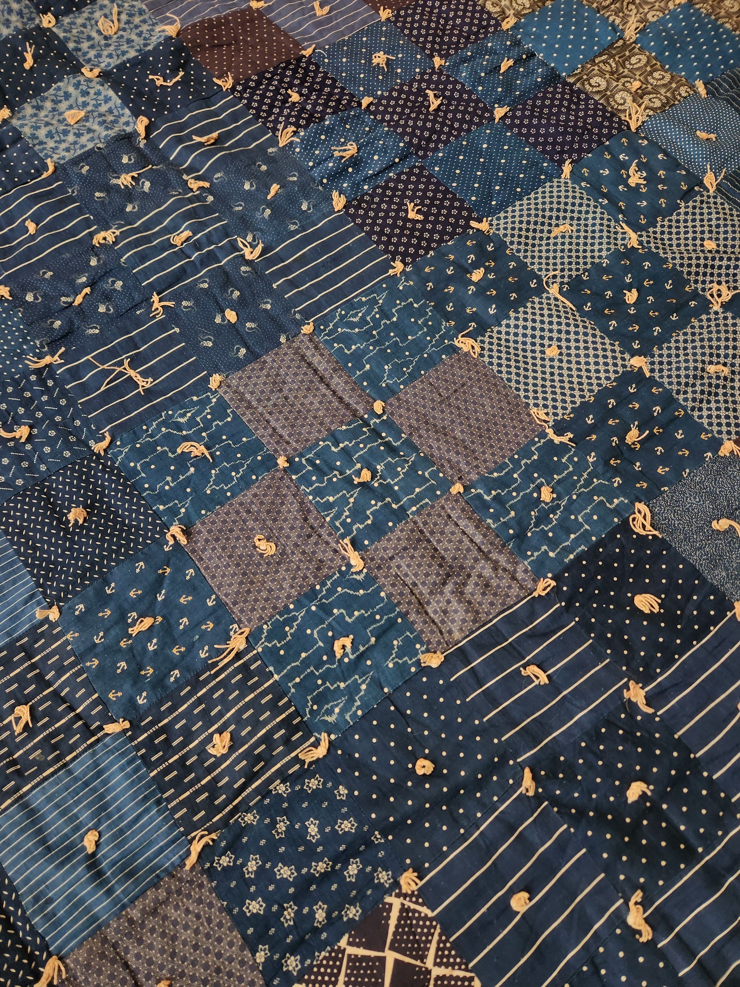 Antique Hand Tied Indigo Blue Patchwork Comforter Quilt