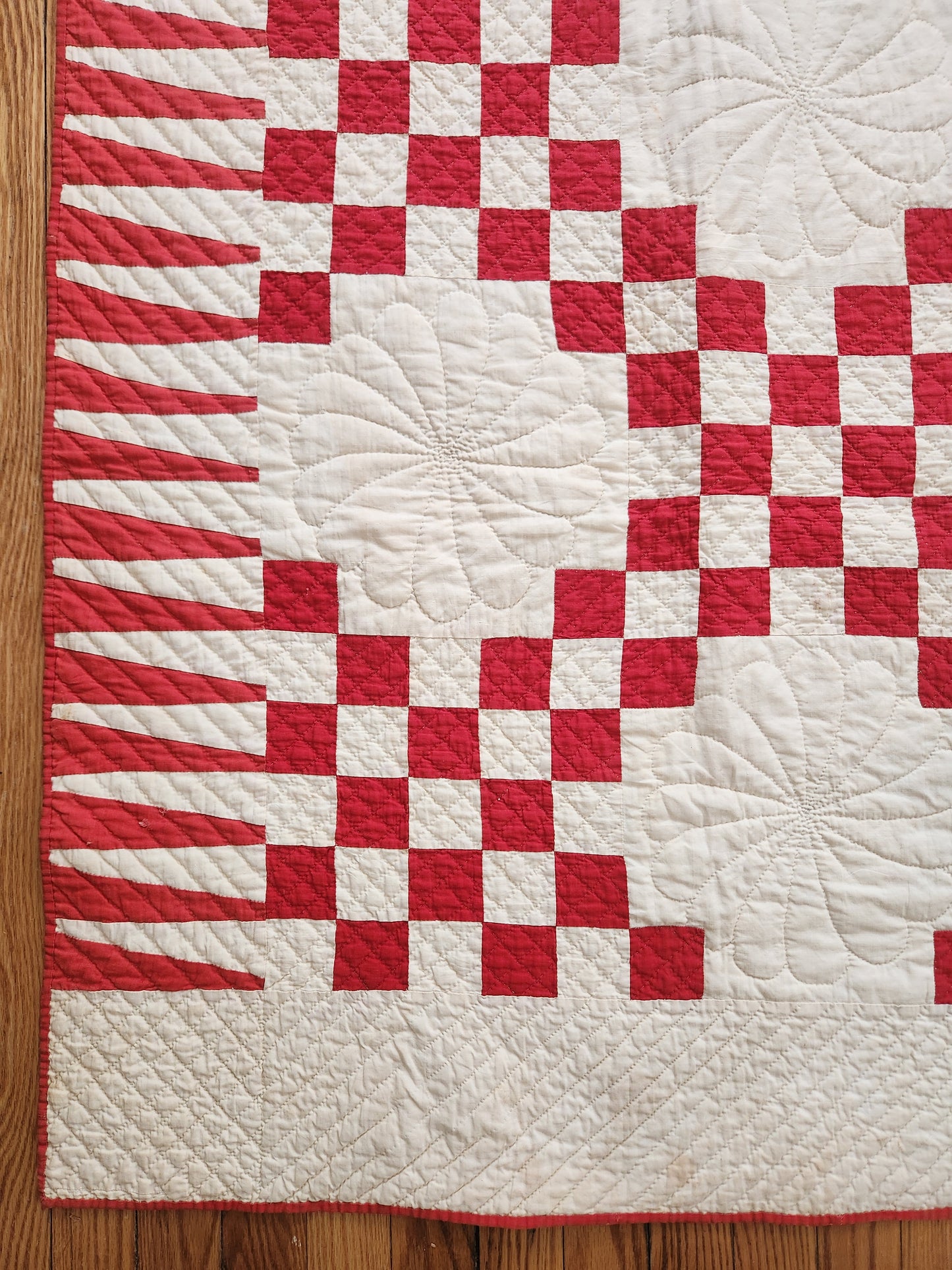 Red & White Antique Double Irish Chain Quilt c1900