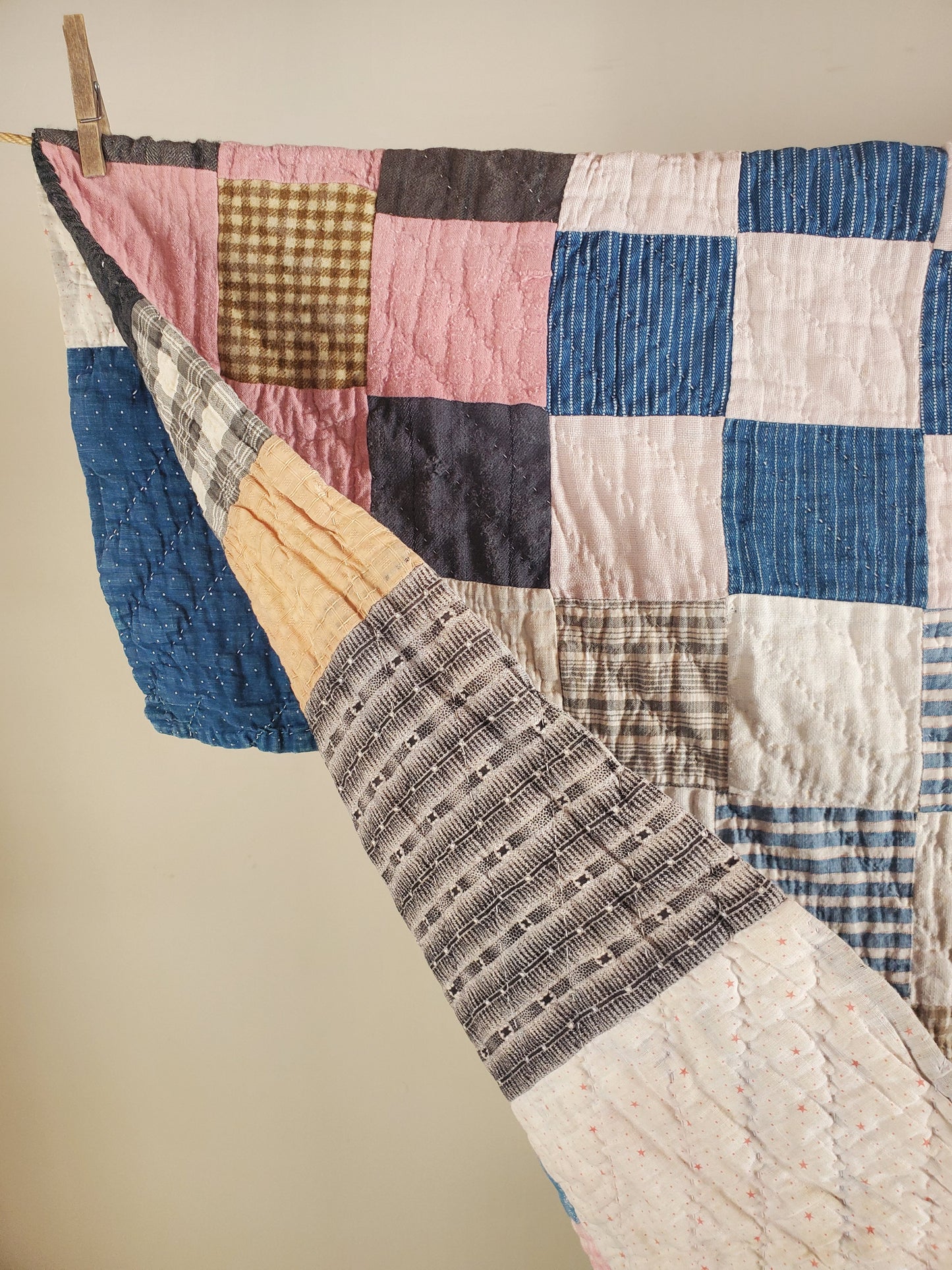 Patchwork Sampler Scrappy Double Sided Antique Quilt, ca 1900