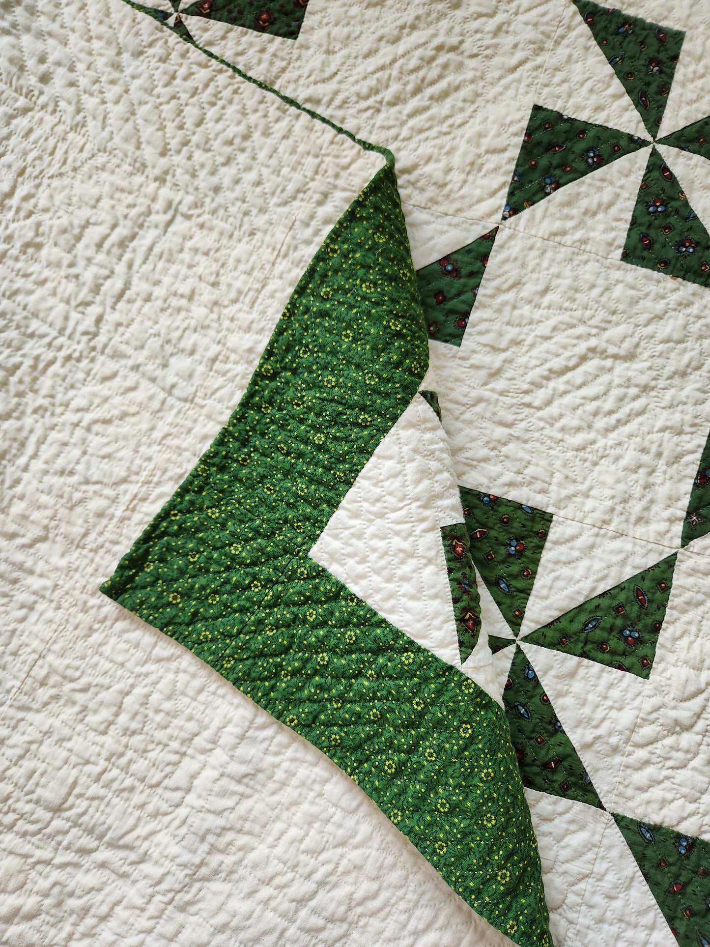 Antique Green & White Pinwheel Quilt c1840