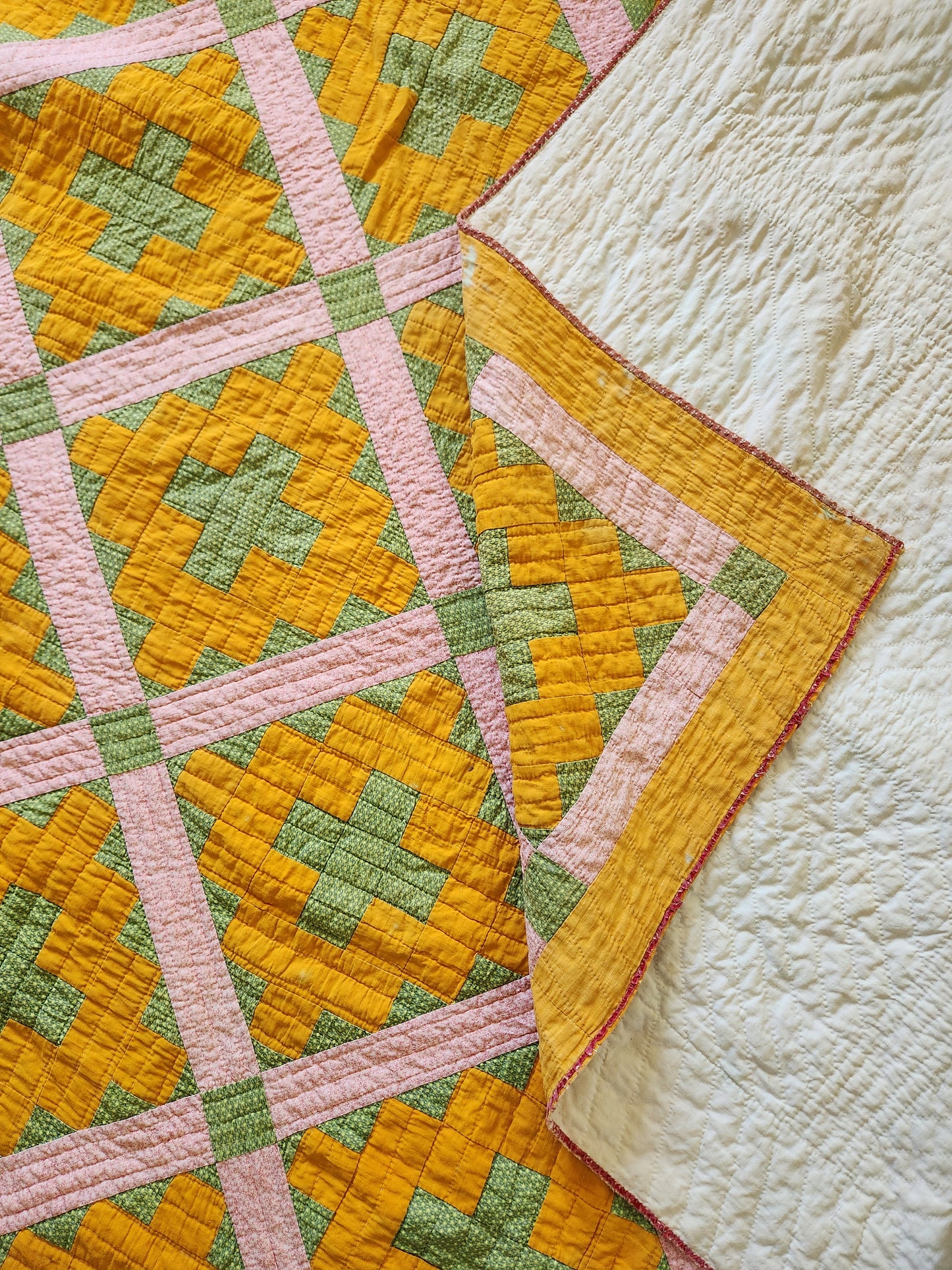 19th Century Pink, Chrome Orange, & Green Chimney Sweep Quilt