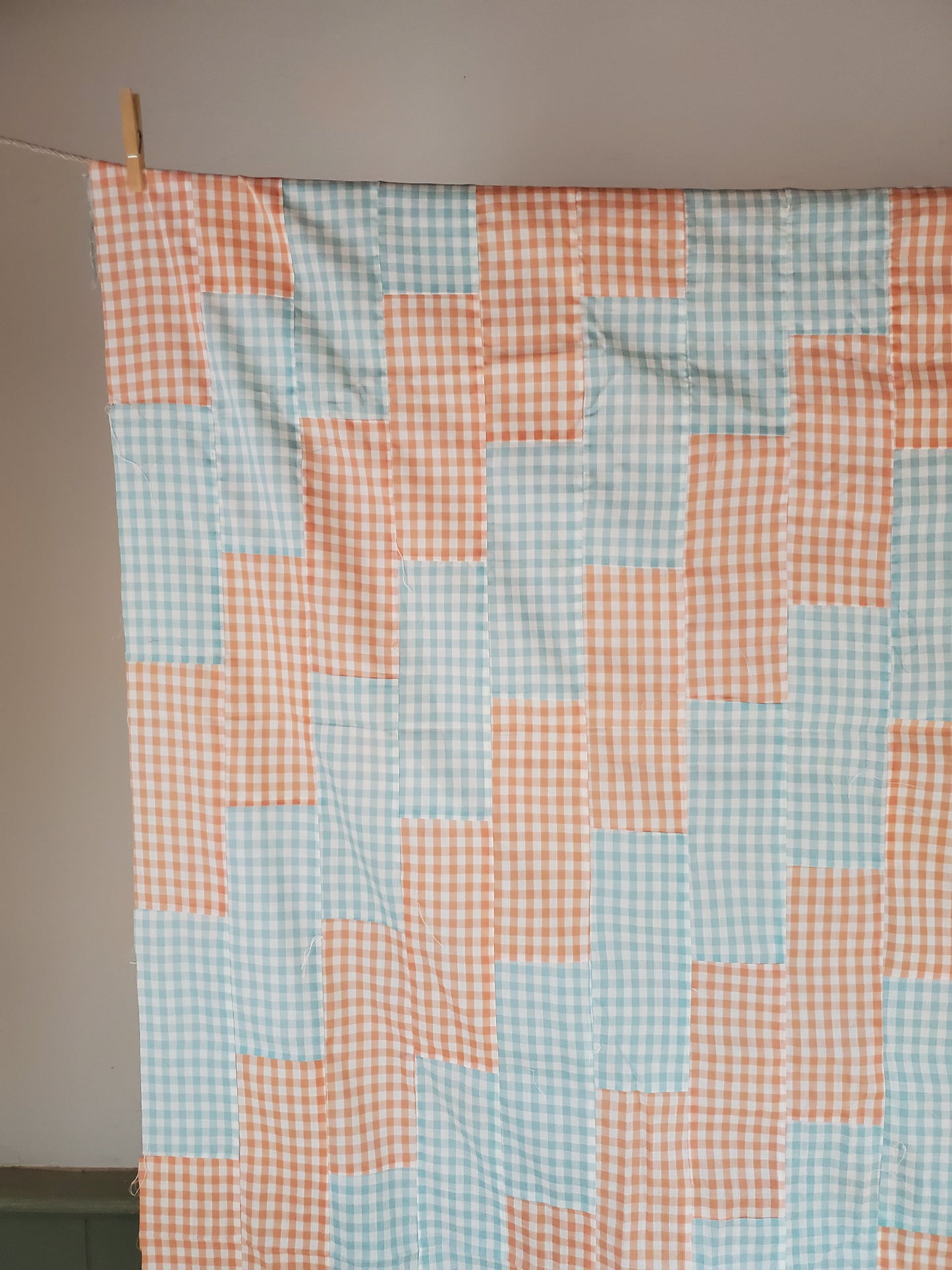 Vintage Blue & Orange Gingham Quilt Top