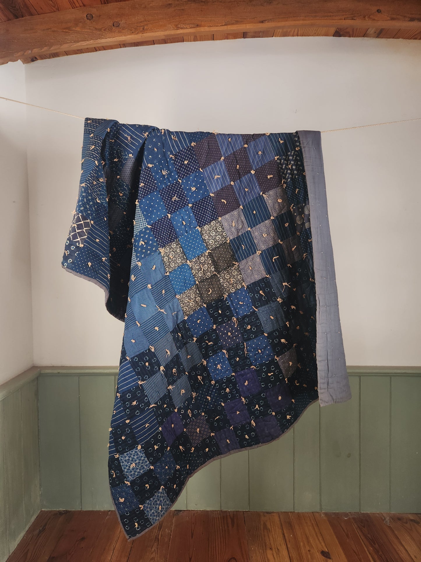 Antique Hand Tied Indigo Blue Patchwork Comforter Quilt