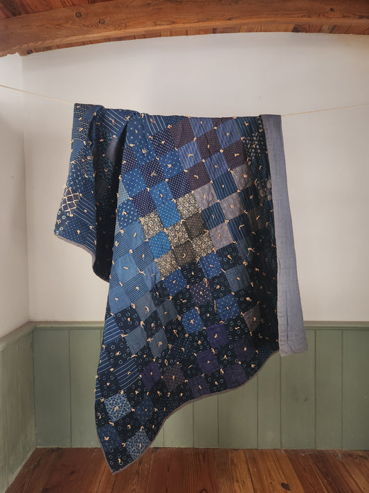 Antique Hand Tied Indigo Blue Patchwork Comforter Quilt