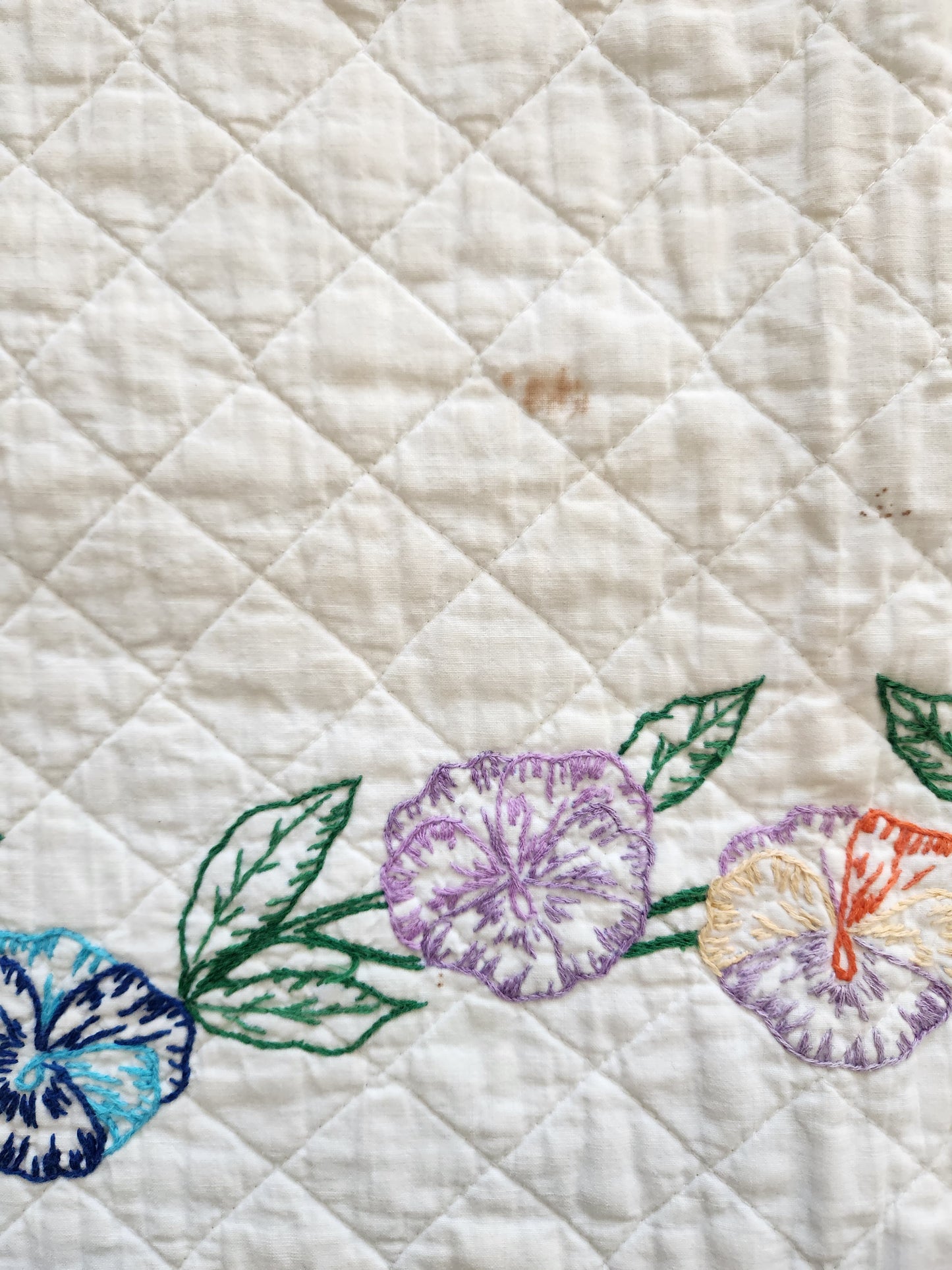 Vintage Pansy Embroidered Quilt c1940