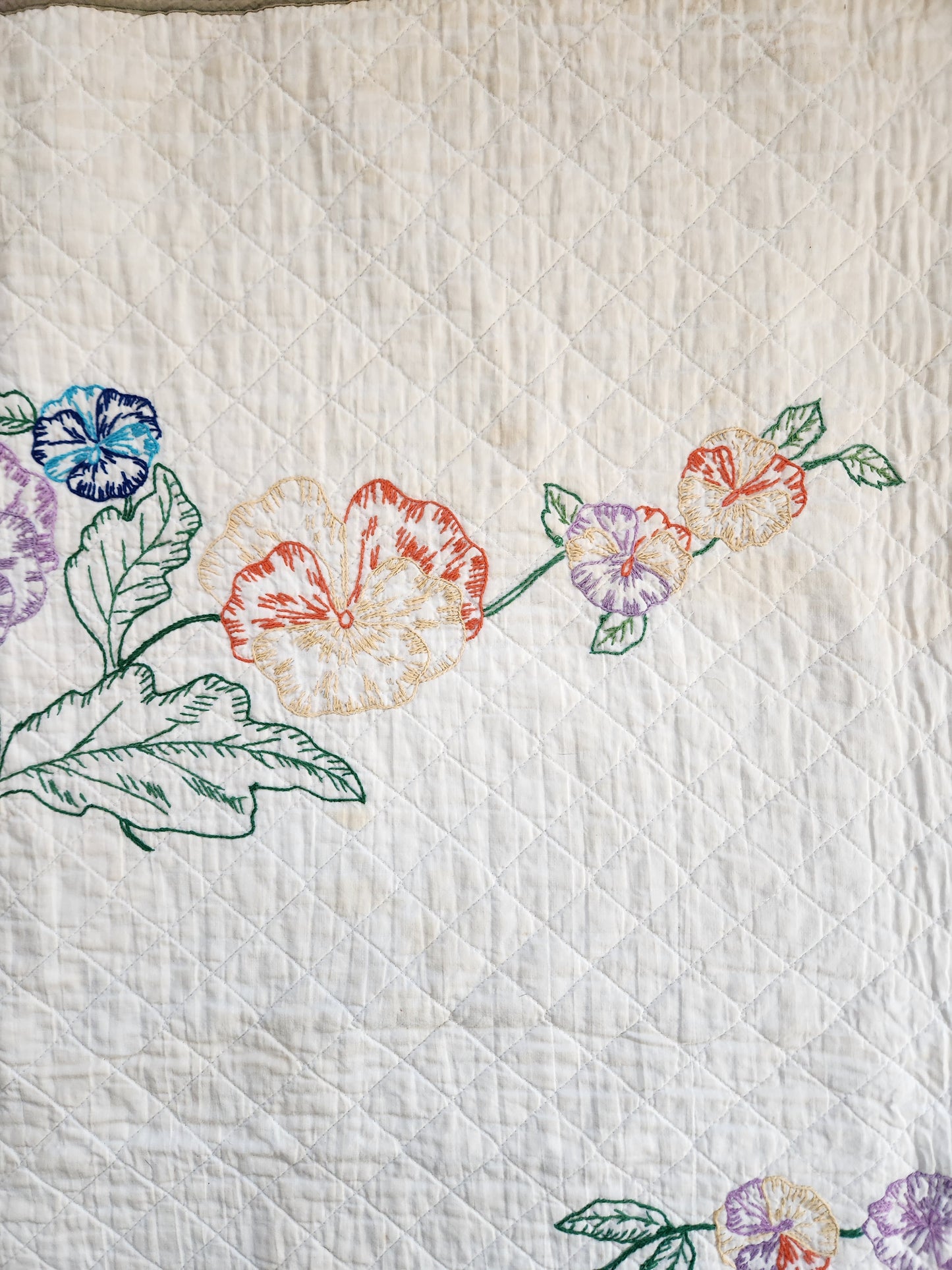 Vintage Pansy Embroidered Quilt c1940
