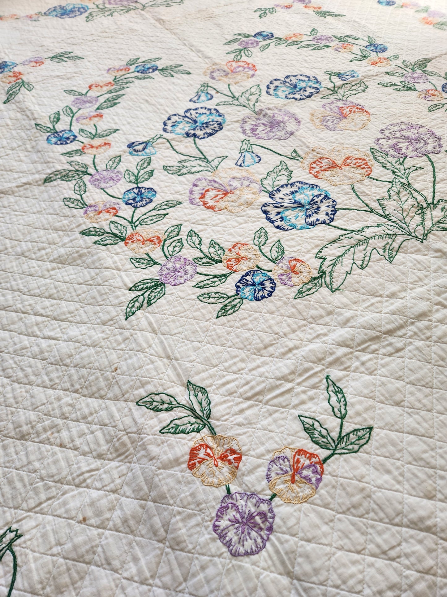 Vintage Pansy Embroidered Quilt c1940