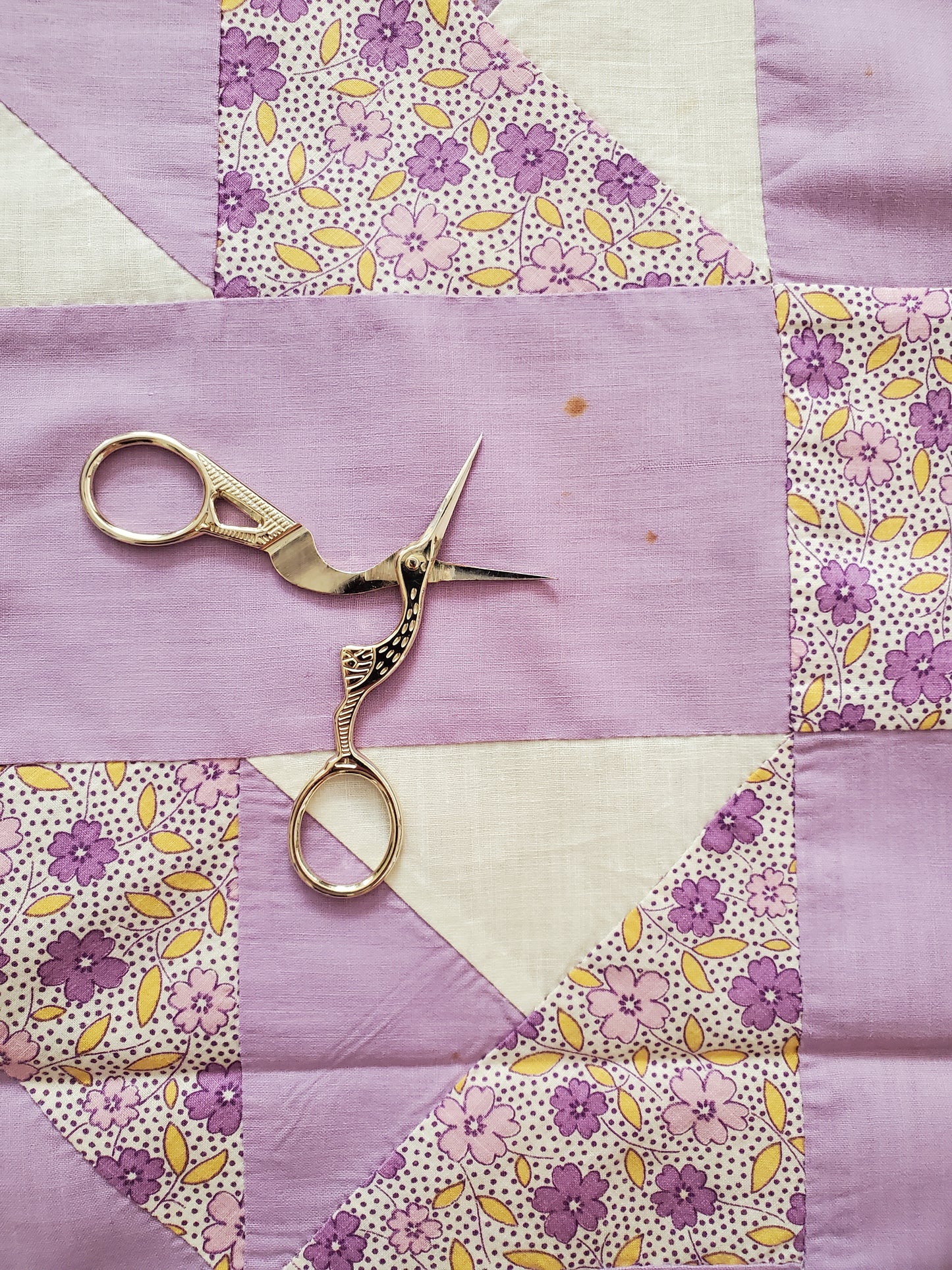 Lavender Floral Pinwheel Quilt Top, ca 1930