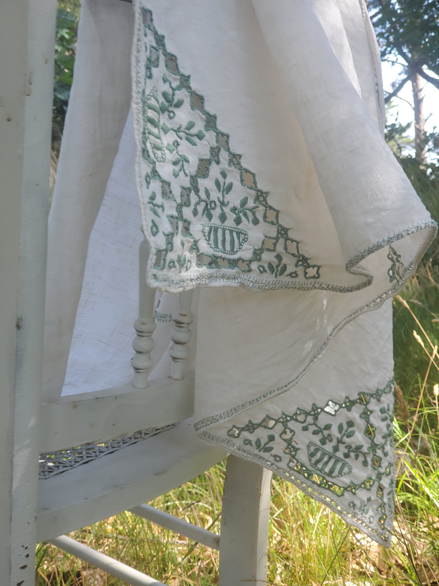 Green Embroidered Vintage Linen Tablecloth