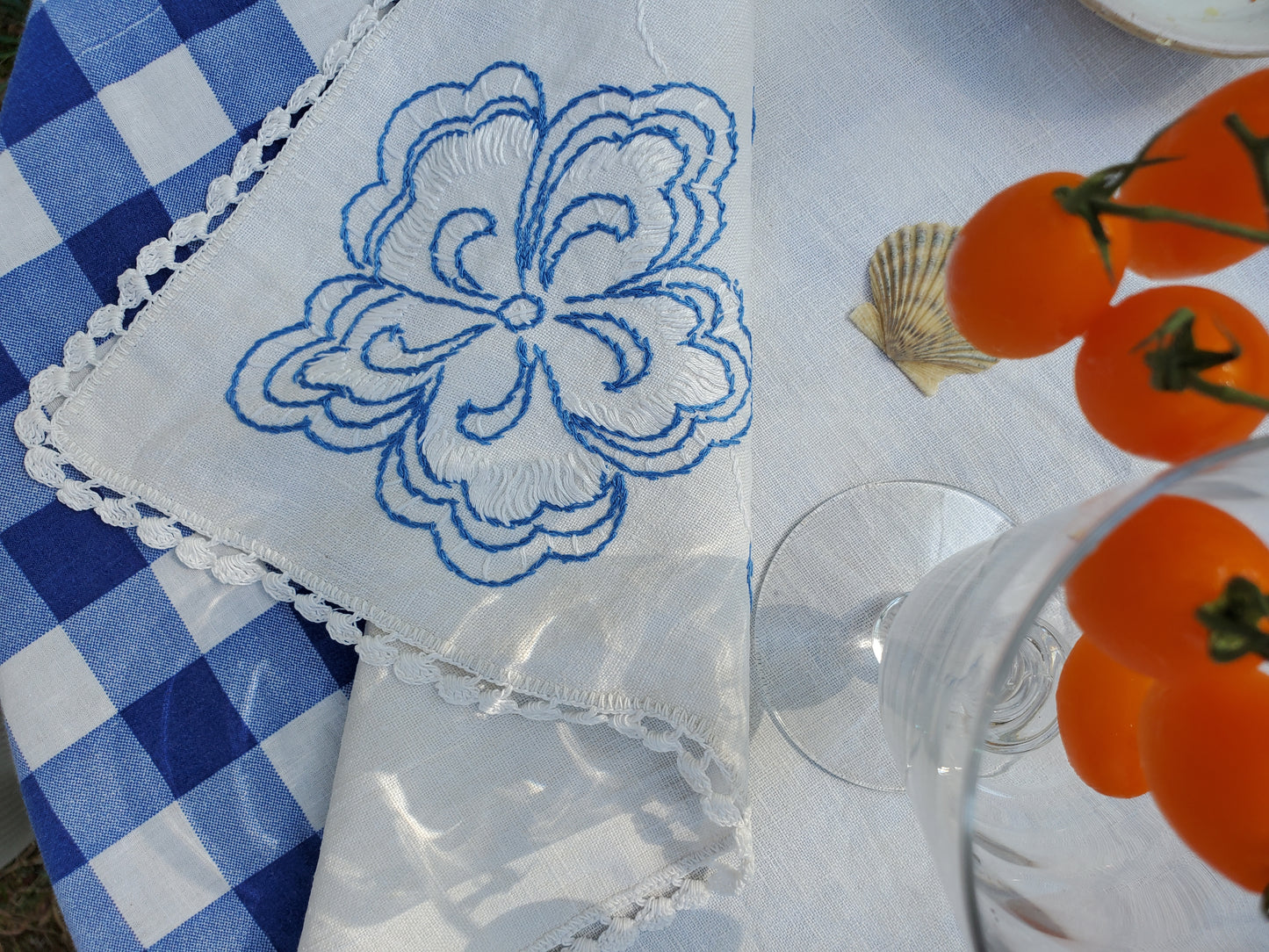 Blue Embroidered Linen Tablecloth