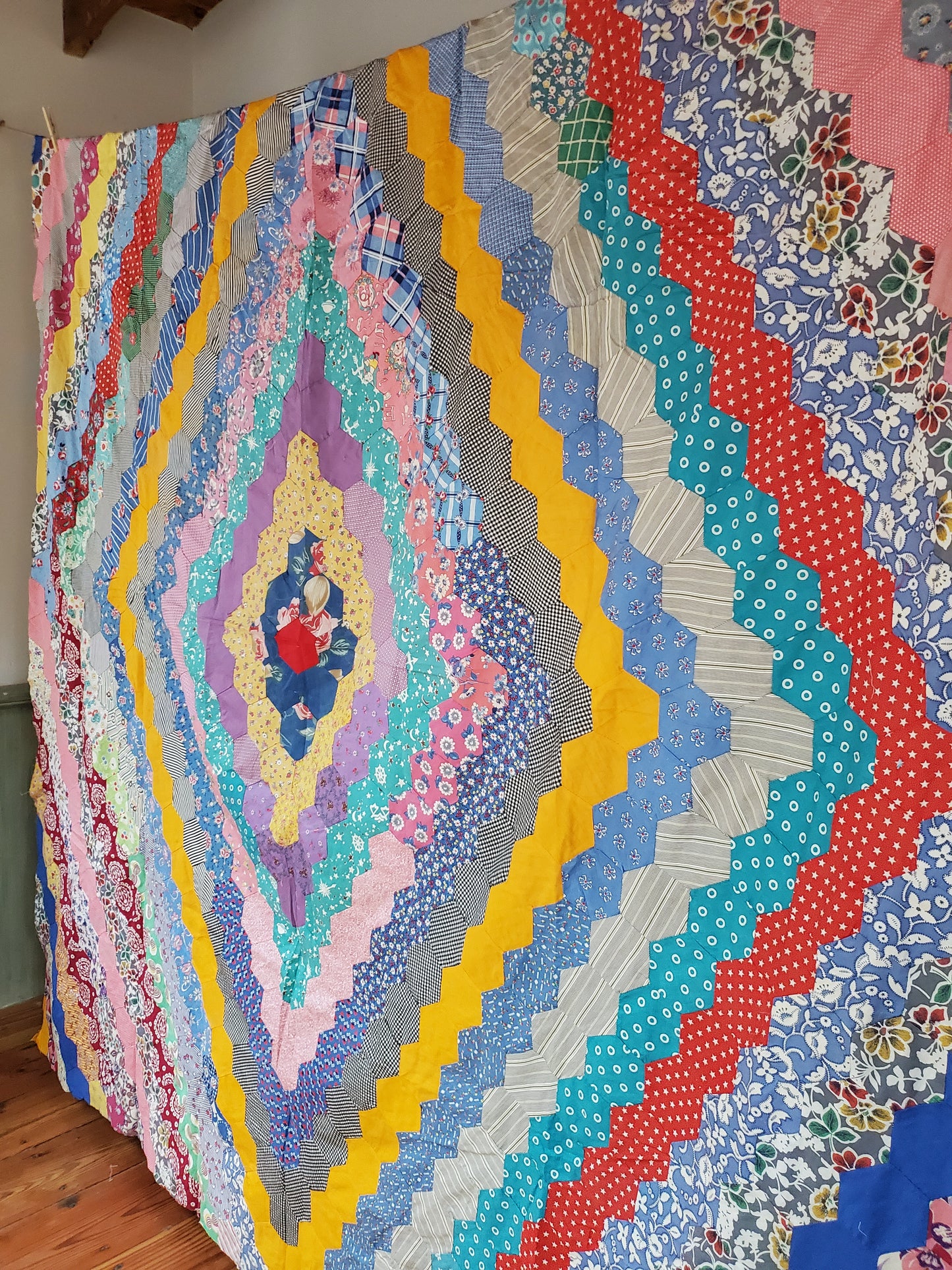 Vintage Diamond Hexagon Flower Quilt Top, ca 1930