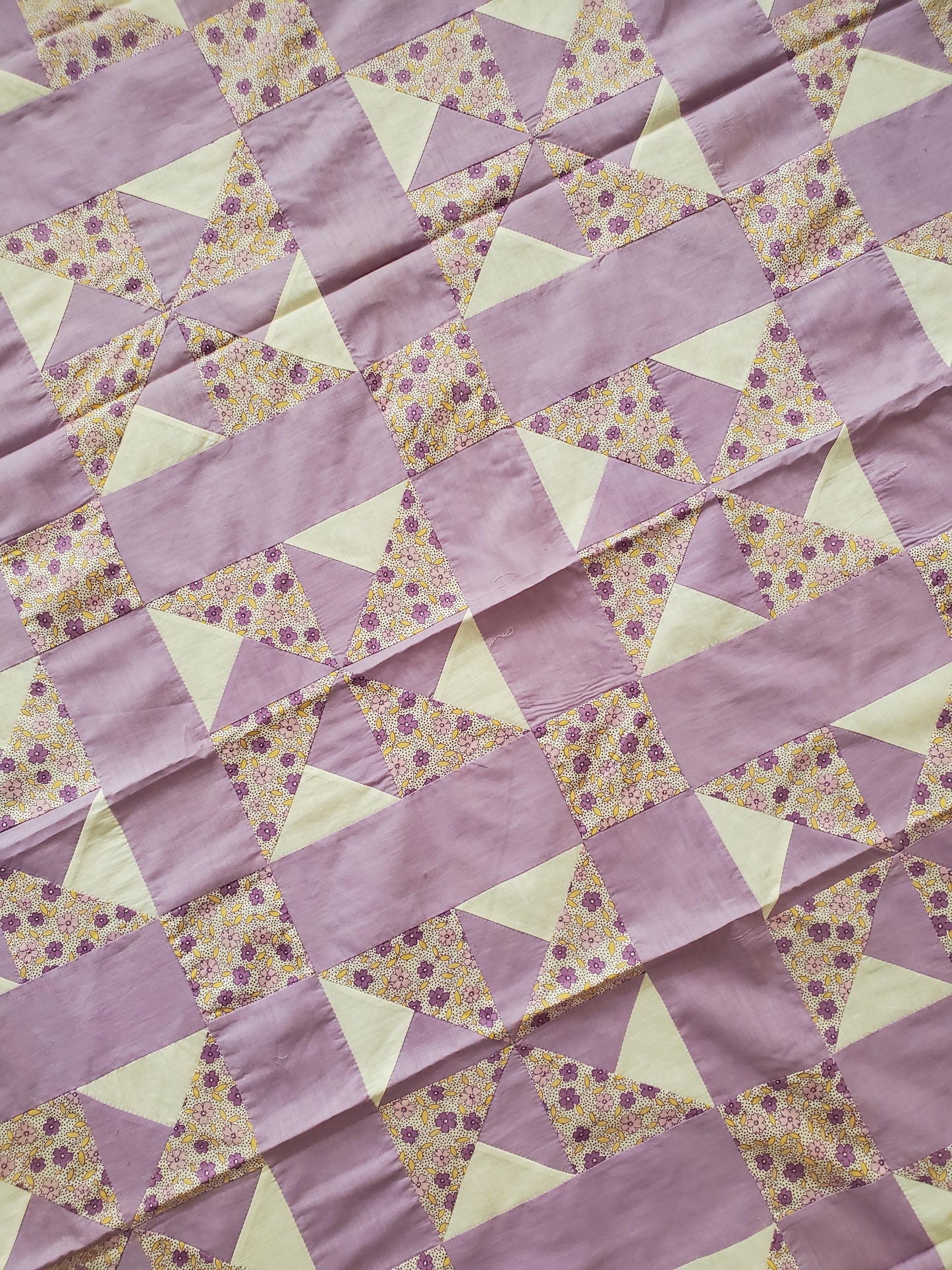 Lavender Floral Pinwheel Quilt Top, ca 1930