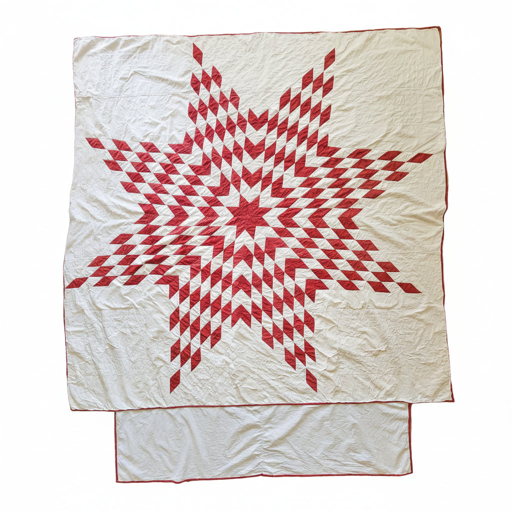 Antique Red and White Lone Star Quilted Coverlet c1900
