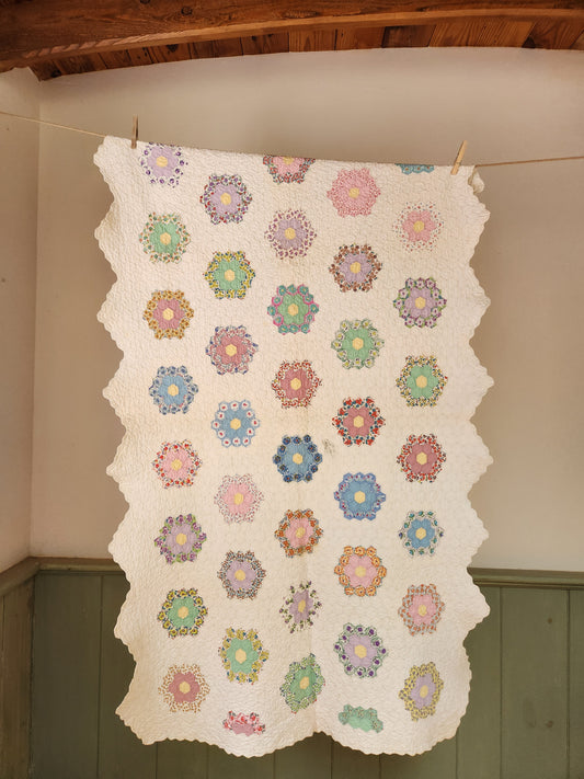 Grandmother's Garden Patchwork Crib Quilt c1930
