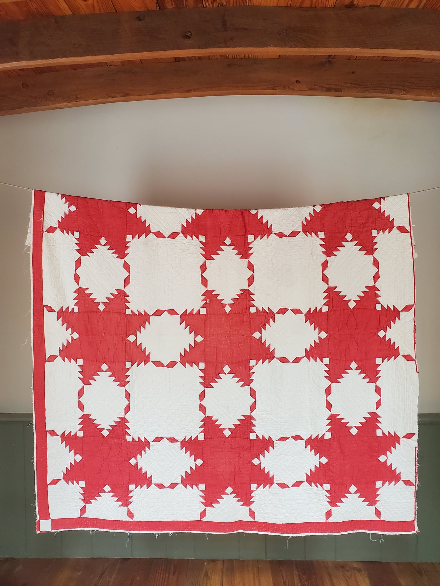 Turkey Red & White Feathered Star Antique Quilt, ca 1900