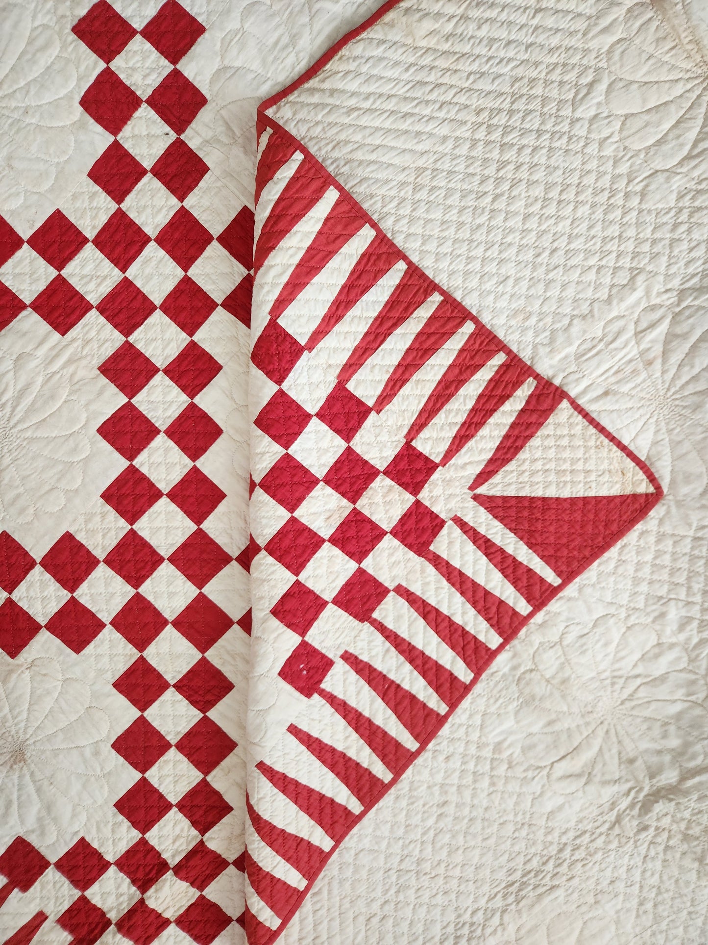 Red & White Antique Double Irish Chain Quilt c1900