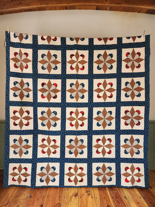 Antique Indigo & White Patchwork Crown Quilt c1890