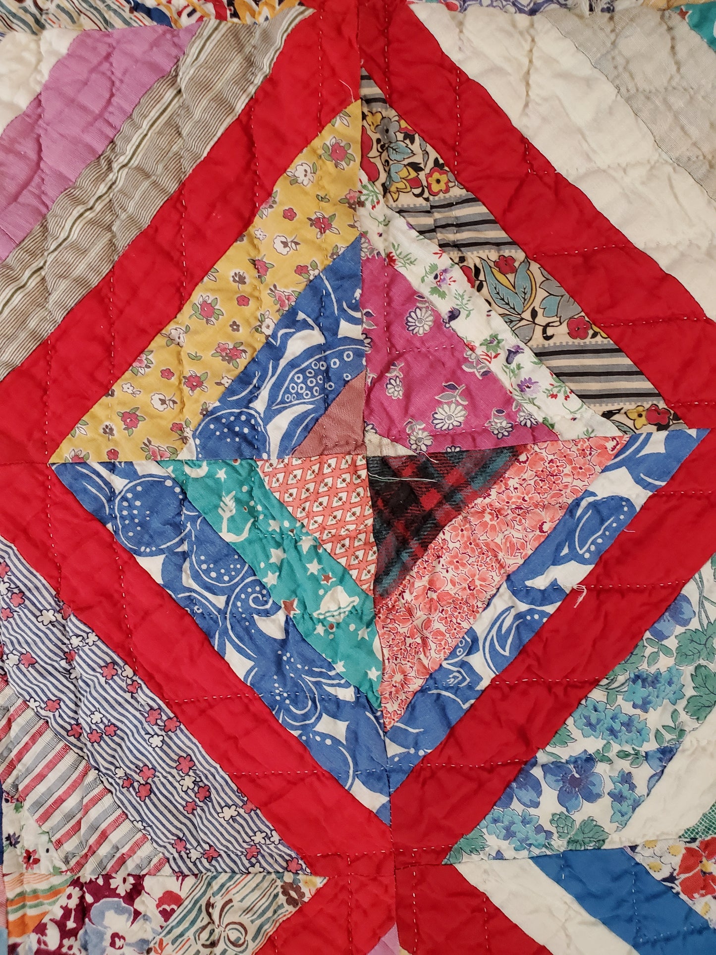 Vintage String Quilt with Feed Sack Cloth, ca 1950