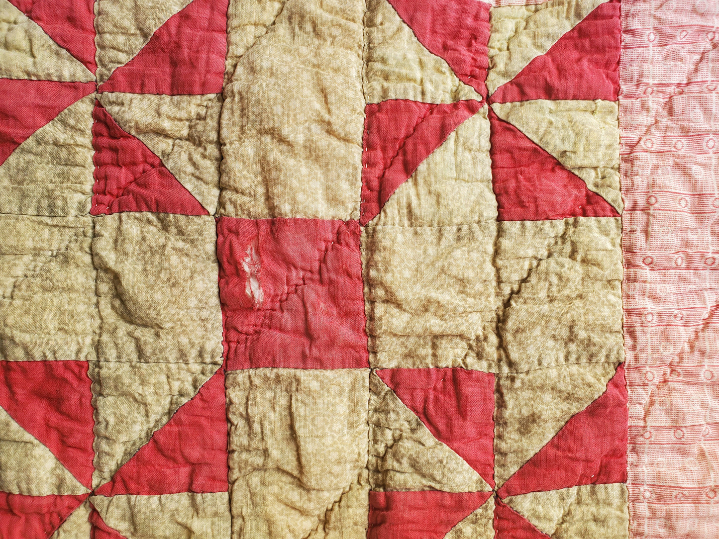 Hand Pieced Green, Pink, & Red Pinwheel Antique Quilt, 19th century