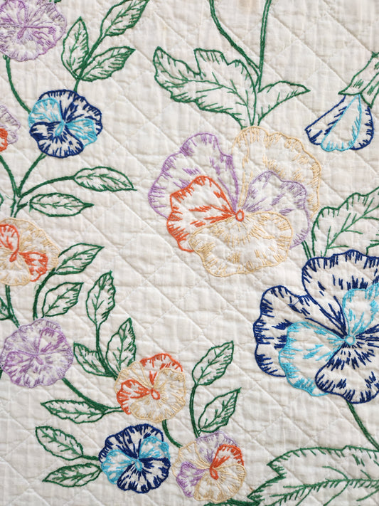 Vintage Pansy Embroidered Quilt c1940
