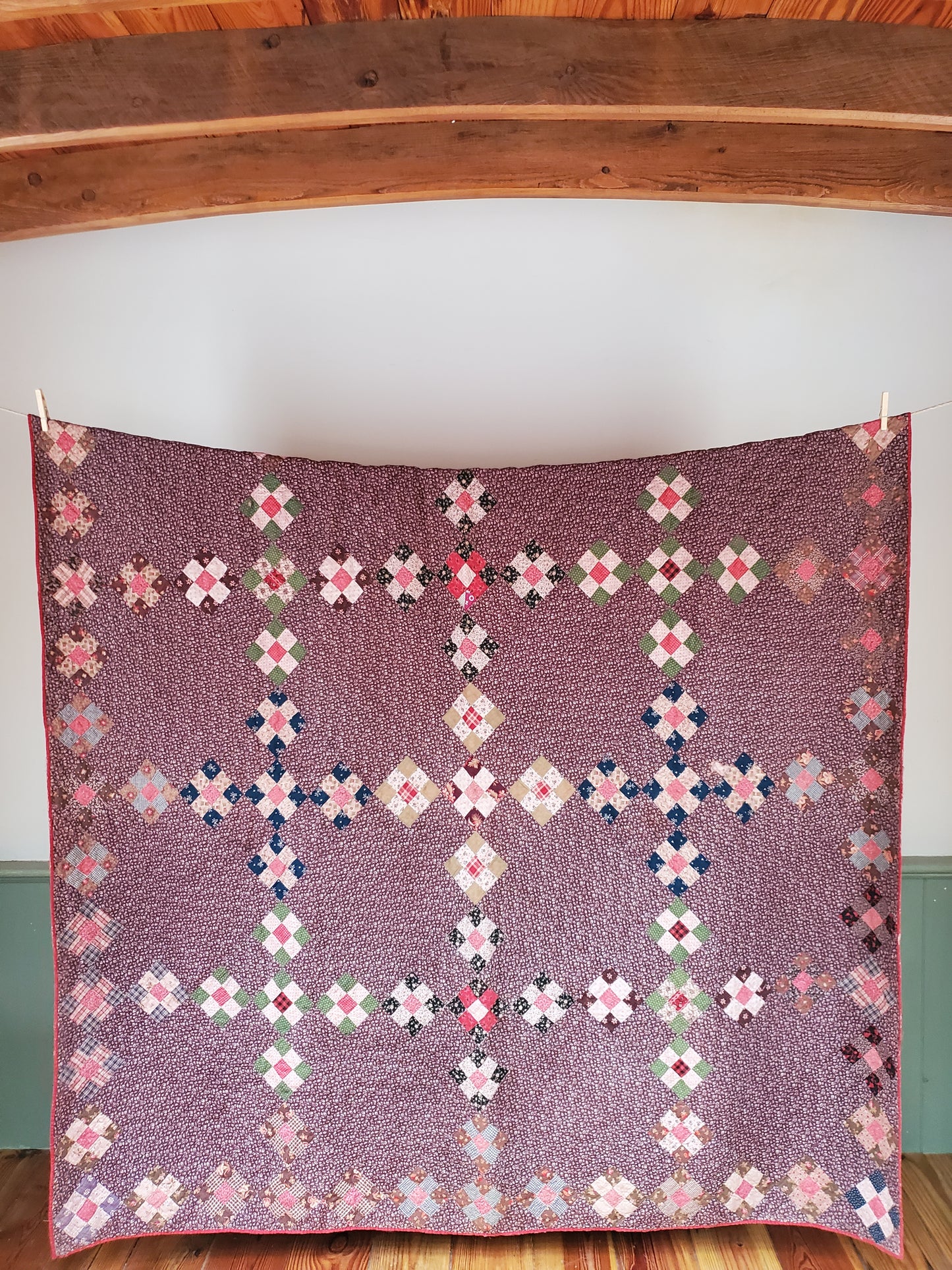 Antique Brown Calico 9 Patch Quilt, ca 1890