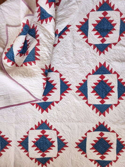 Antique Red, White & Blue Patchwork Quilt c1900