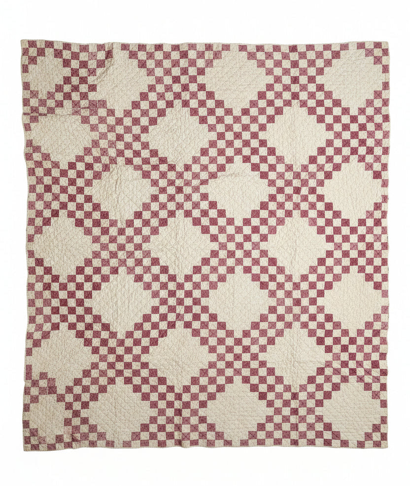 Cream & Burgundy Double Irish Chain Vintage Quilt