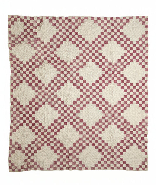 Cream & Burgundy Double Irish Chain Vintage Quilt