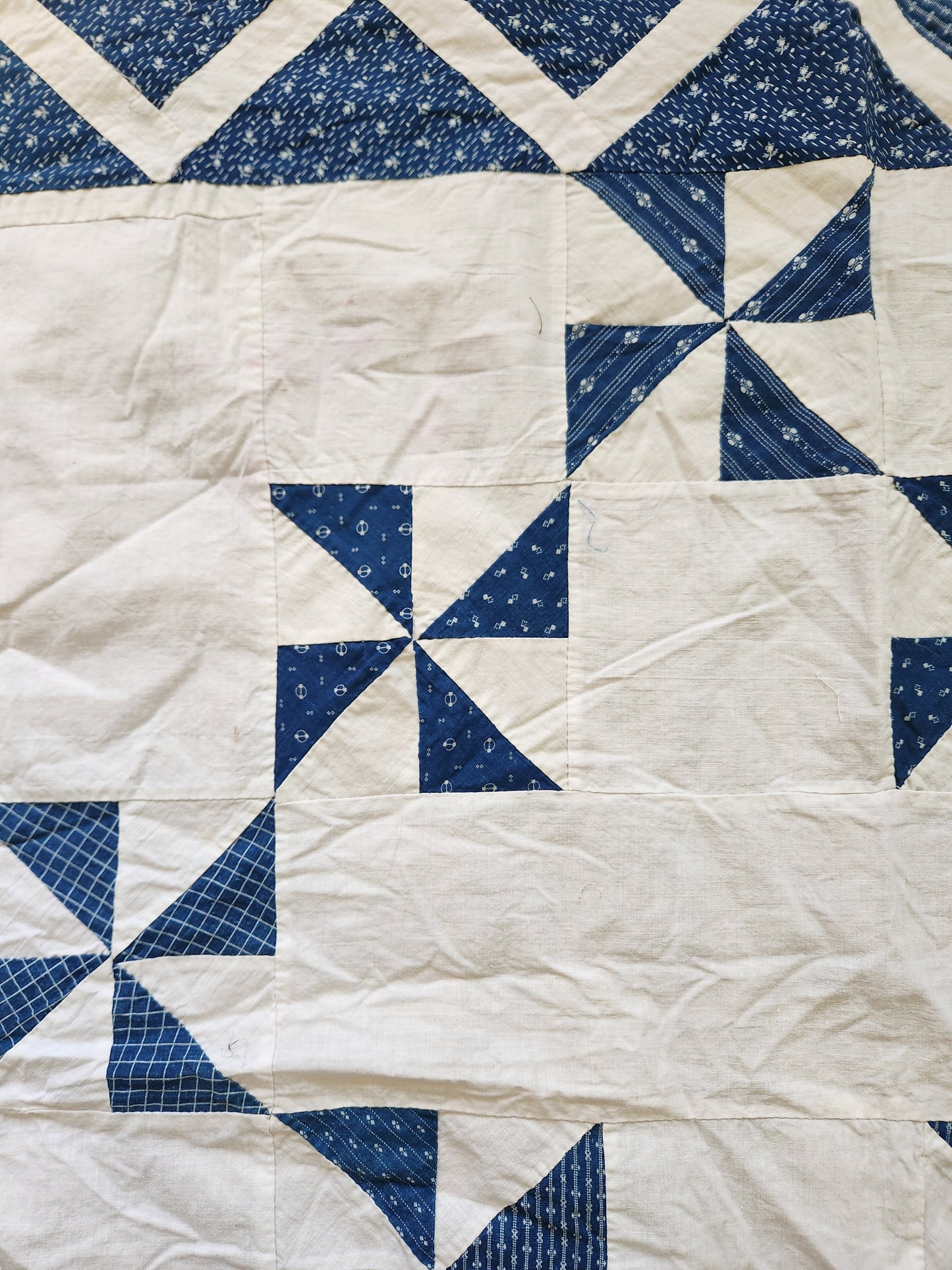 Antique Blue & White Pinwheel Quilt Top c1900