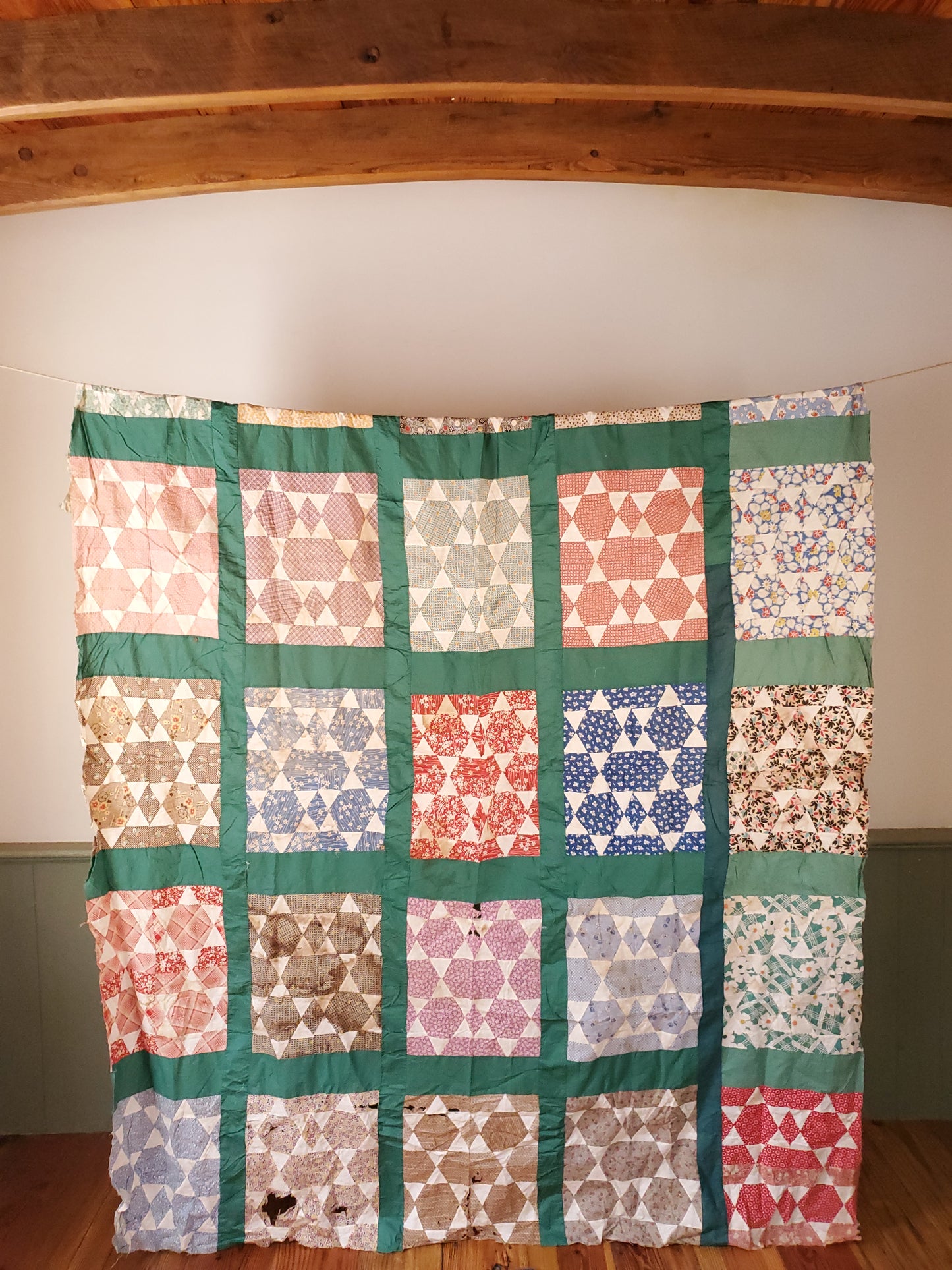 Vintage Hexagon Star Quilt Top, ca 1930