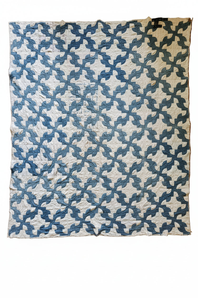 Antique Blue & White Drunkard's Path Quilt c1920