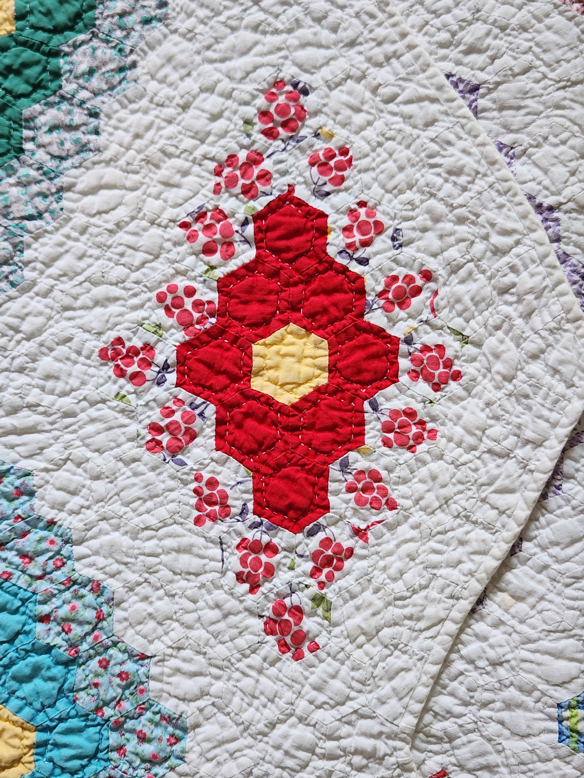 Vintage Hexagon Flower Quilt c1950