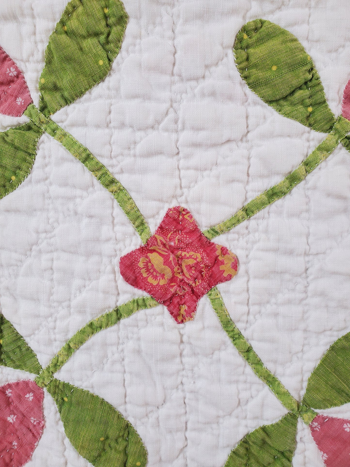 19th Century Pink & Green Antique Rose Wreath Applique Quilt