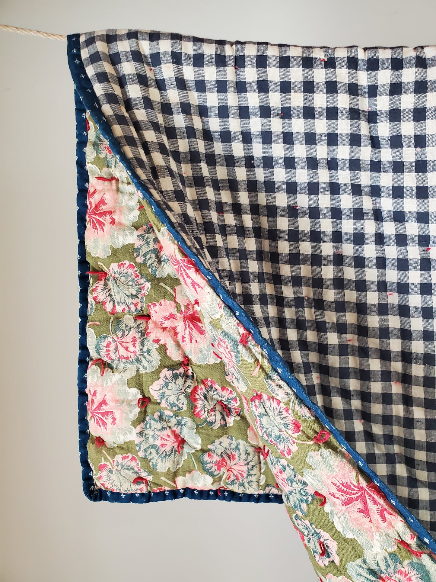 Antique Whole Cloth Geranium and Gingham Hand Tied Quilt