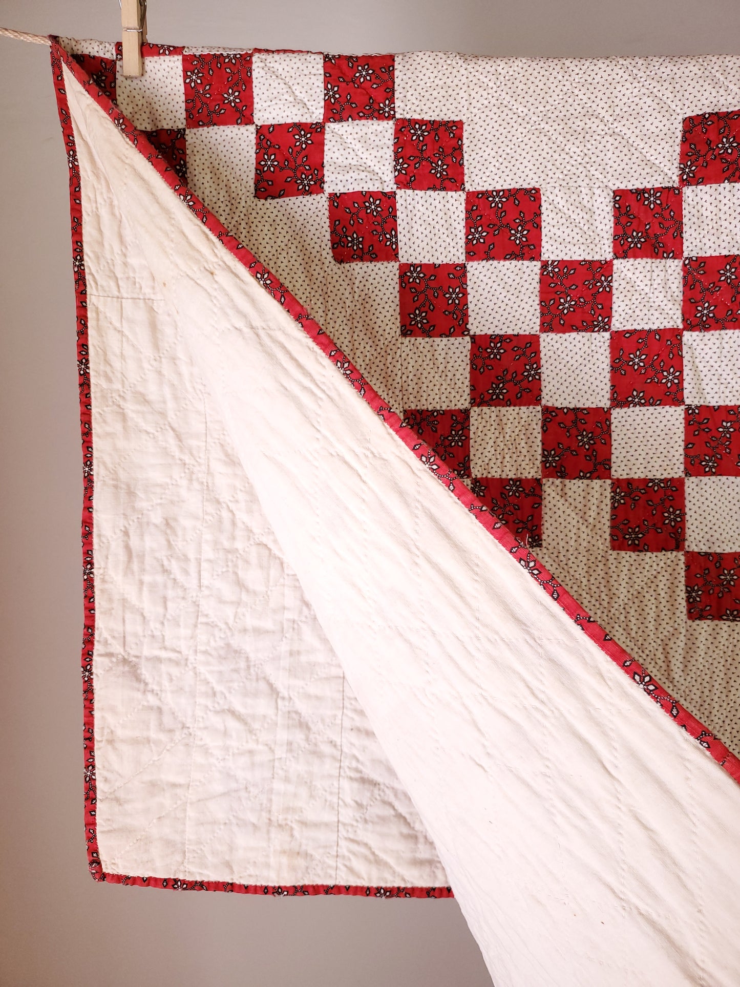 Antique Red and White Double Irish Chain Quilt, ca 1900