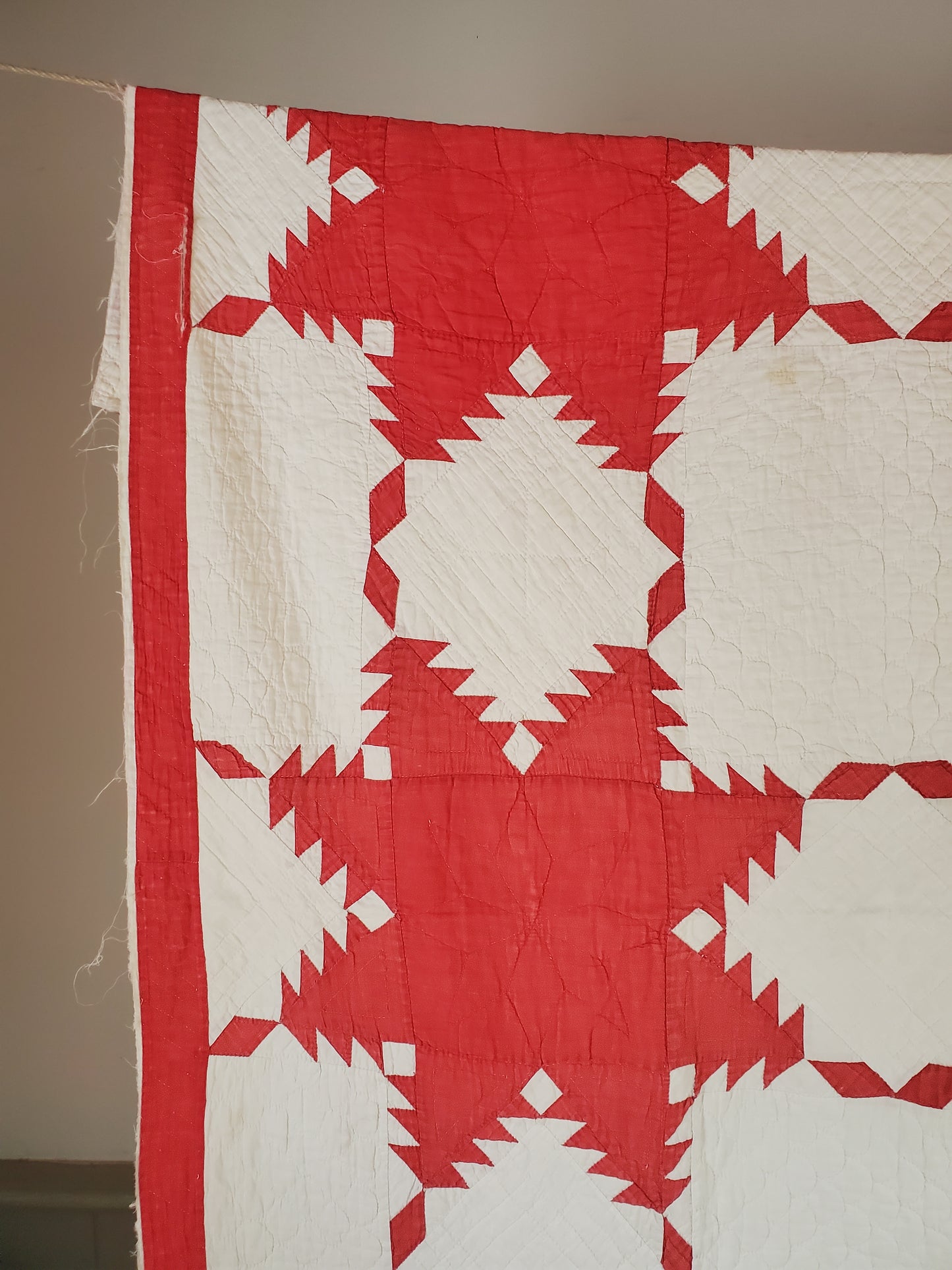 Turkey Red & White Feathered Star Antique Quilt, ca 1900