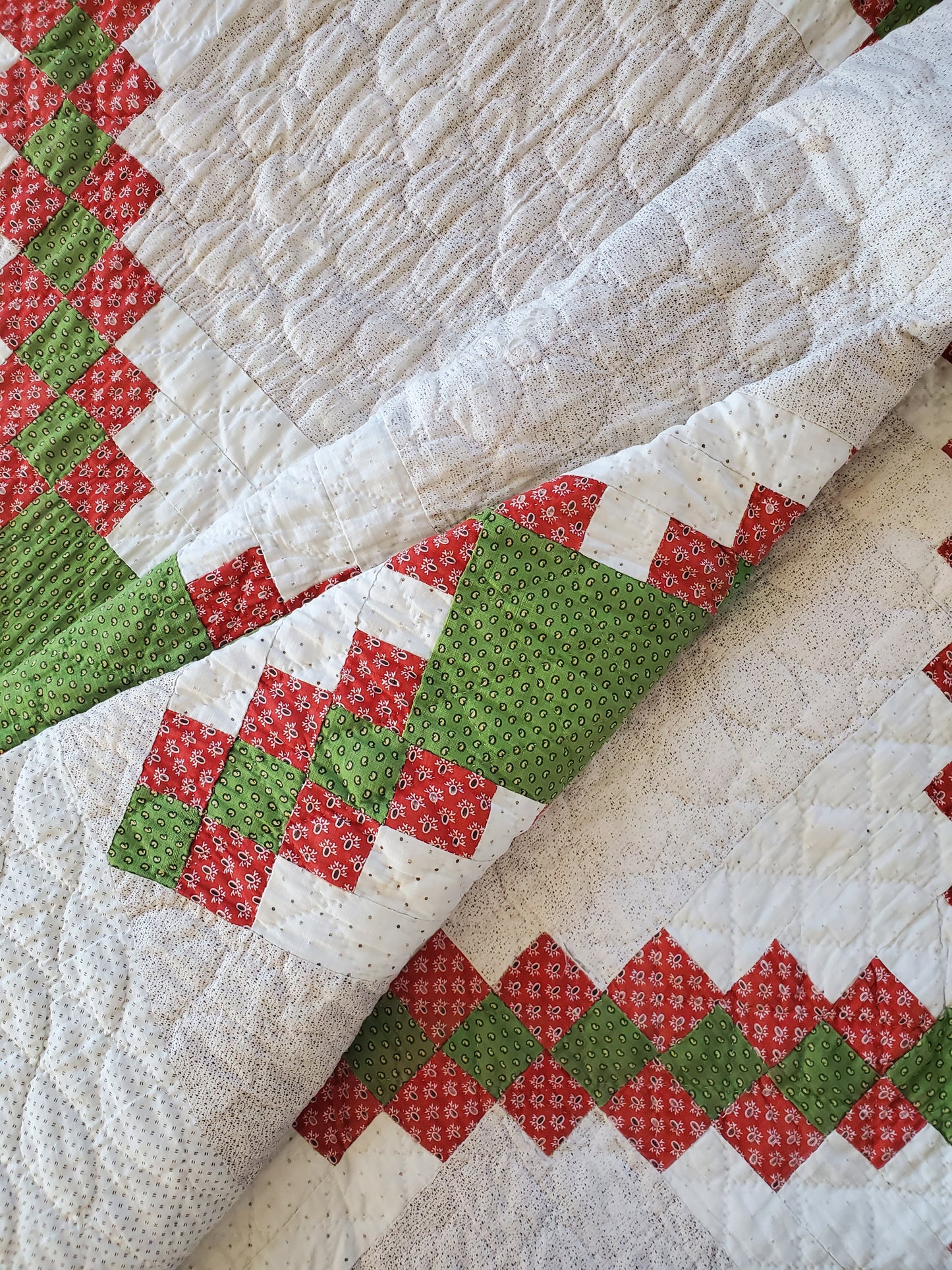 19th Century Red & Green Irish Chain Hand Pieced and Hand Quilted Antique Quilt