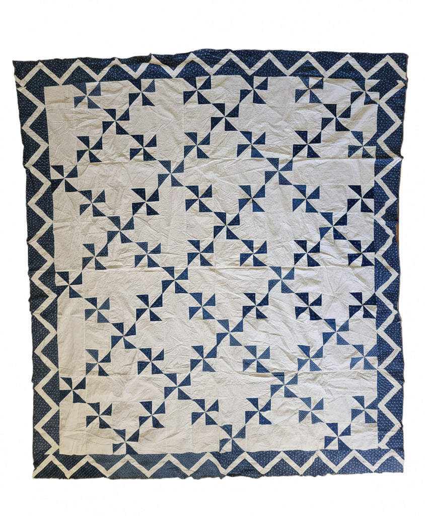 Antique Blue & White Pinwheel Quilt Top c1900