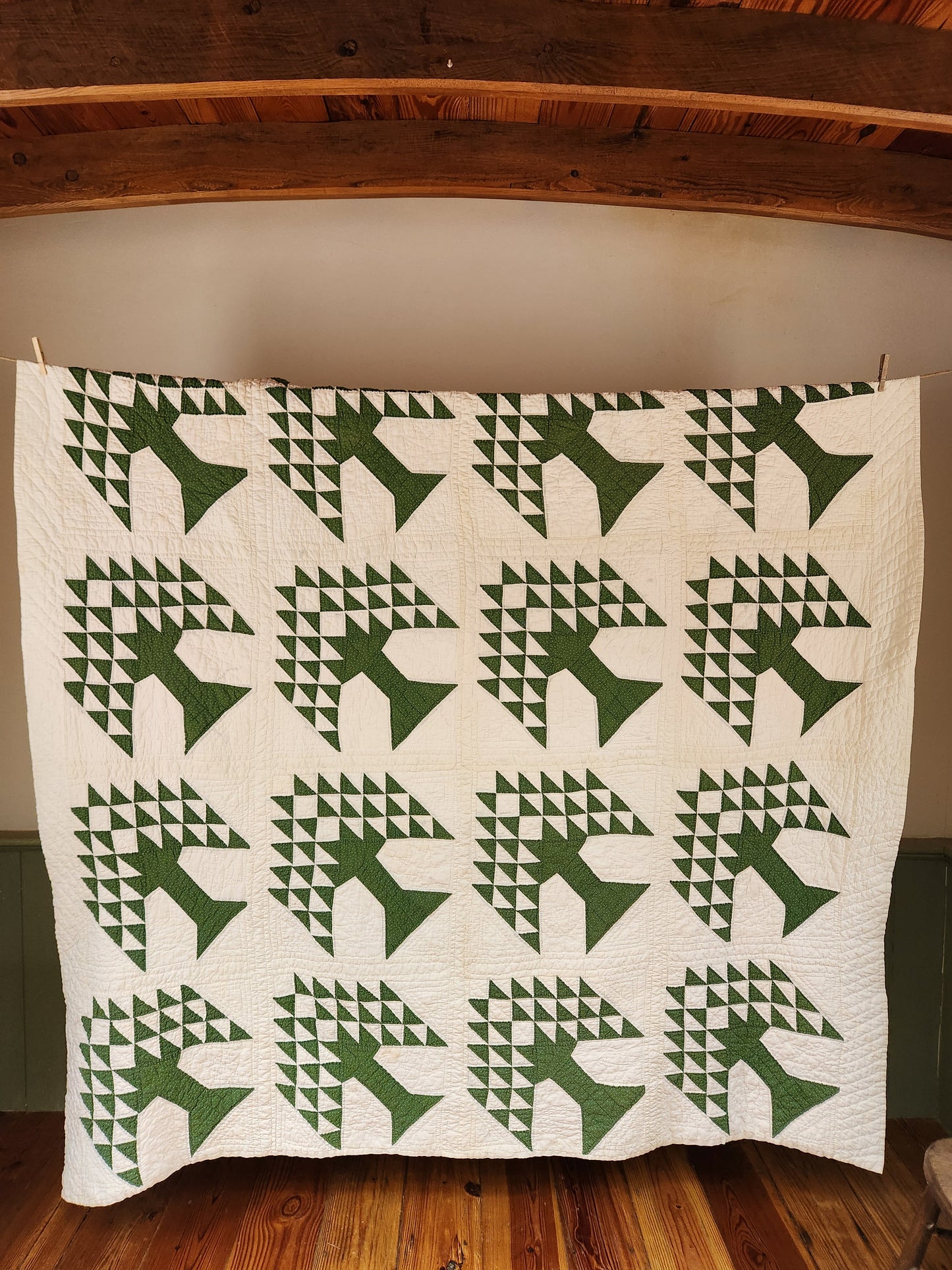 Antique Green and White Tree of Life Quilt