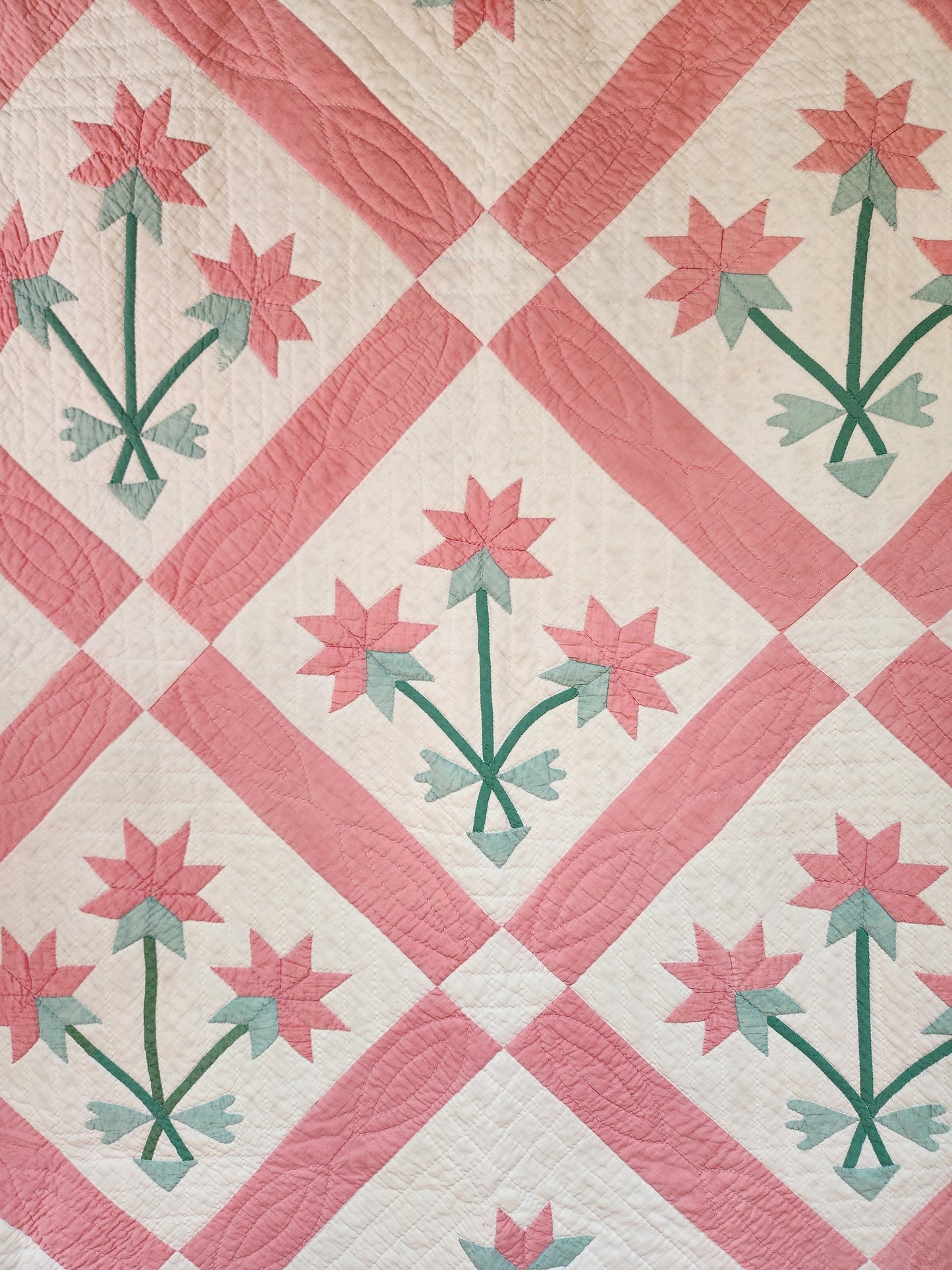 Pink and Green Lily Applique Quilt c1930
