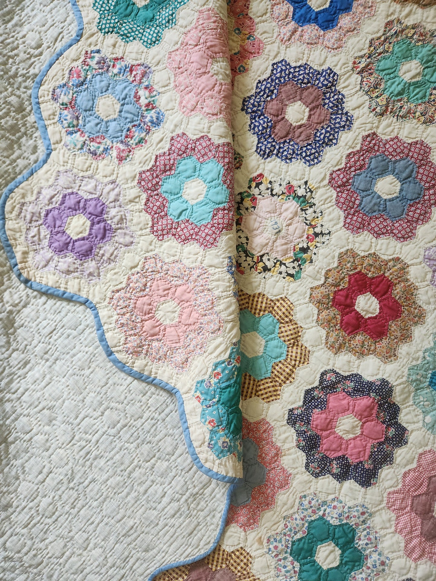 Grandmother's Flower Garden Quilt, dated 1937