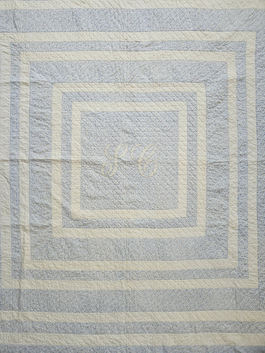 Blue and White Monogrammed Antique Quilt