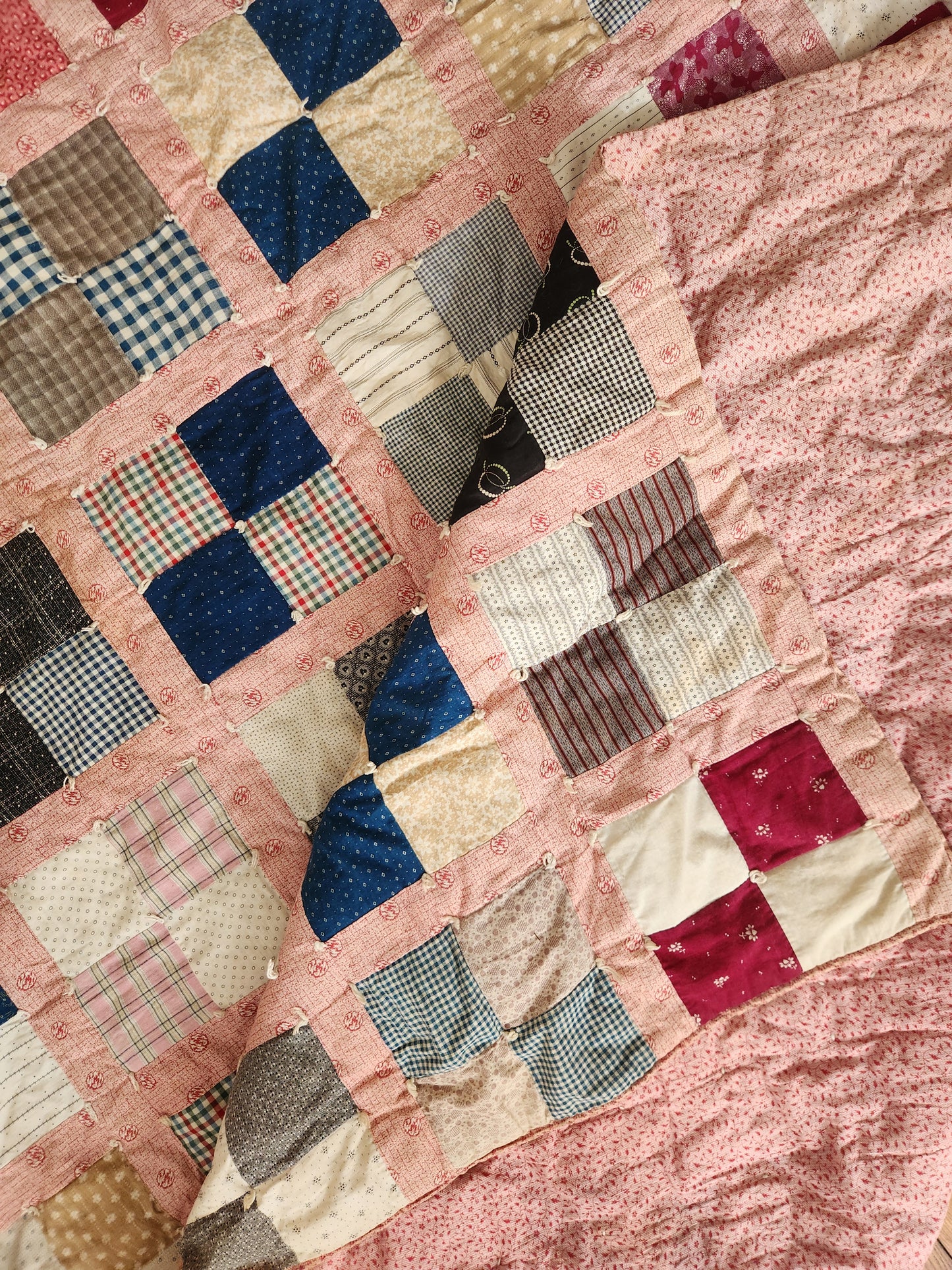 Vintage Four Patch Hand Tied Comforter Quilt c1930
