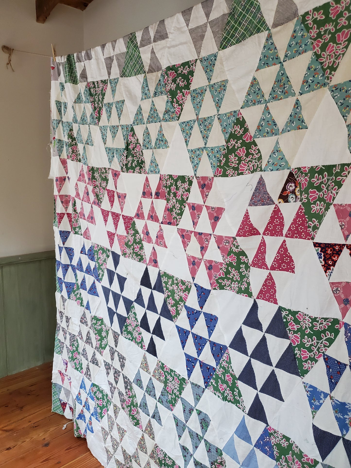 Vintage Half Triangle Feed Sack Quilt Top, ca 1950