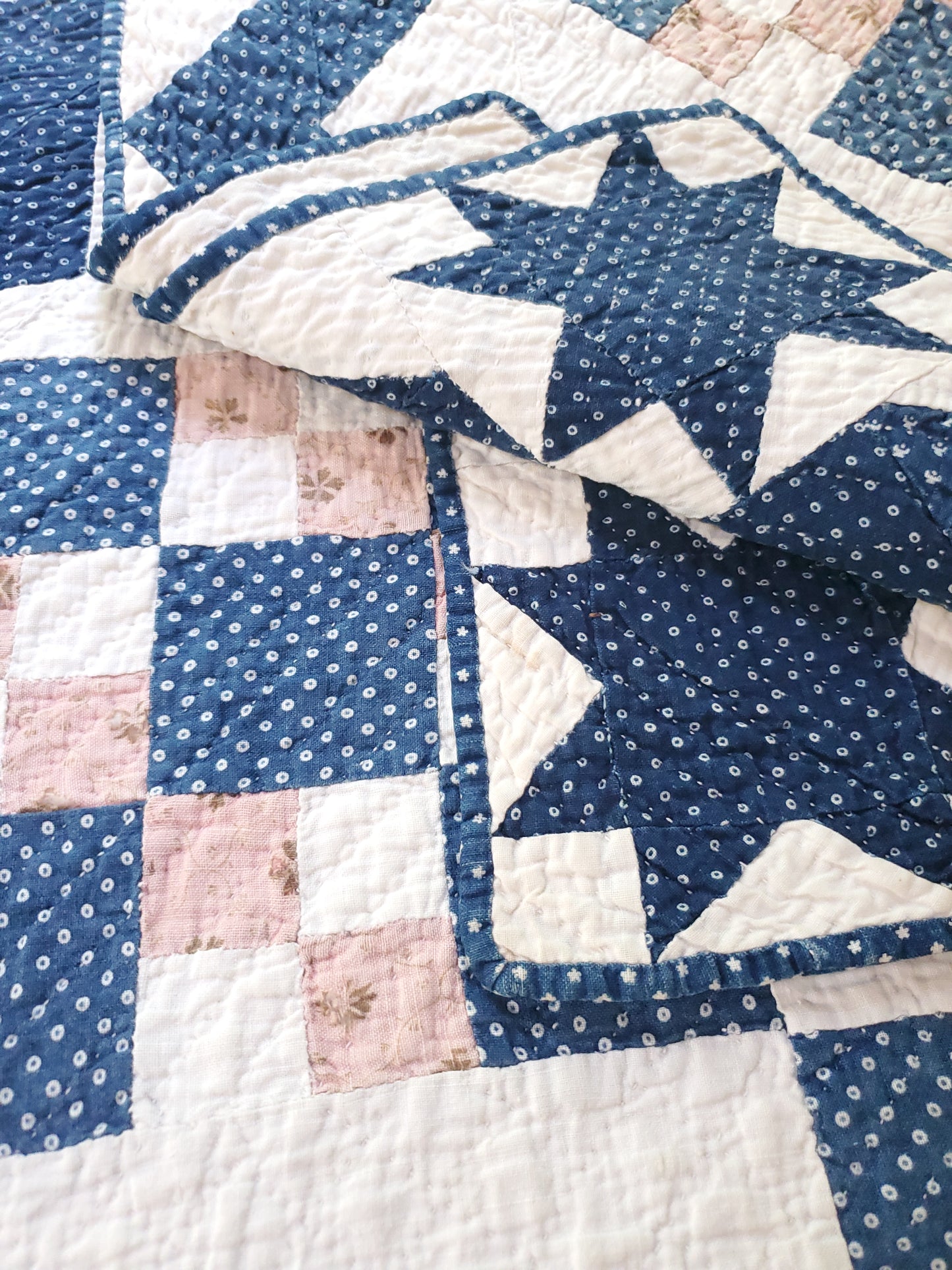 Gorgeous 19th Century Indigo & Pink Antique Quilt, Stamped Inscription