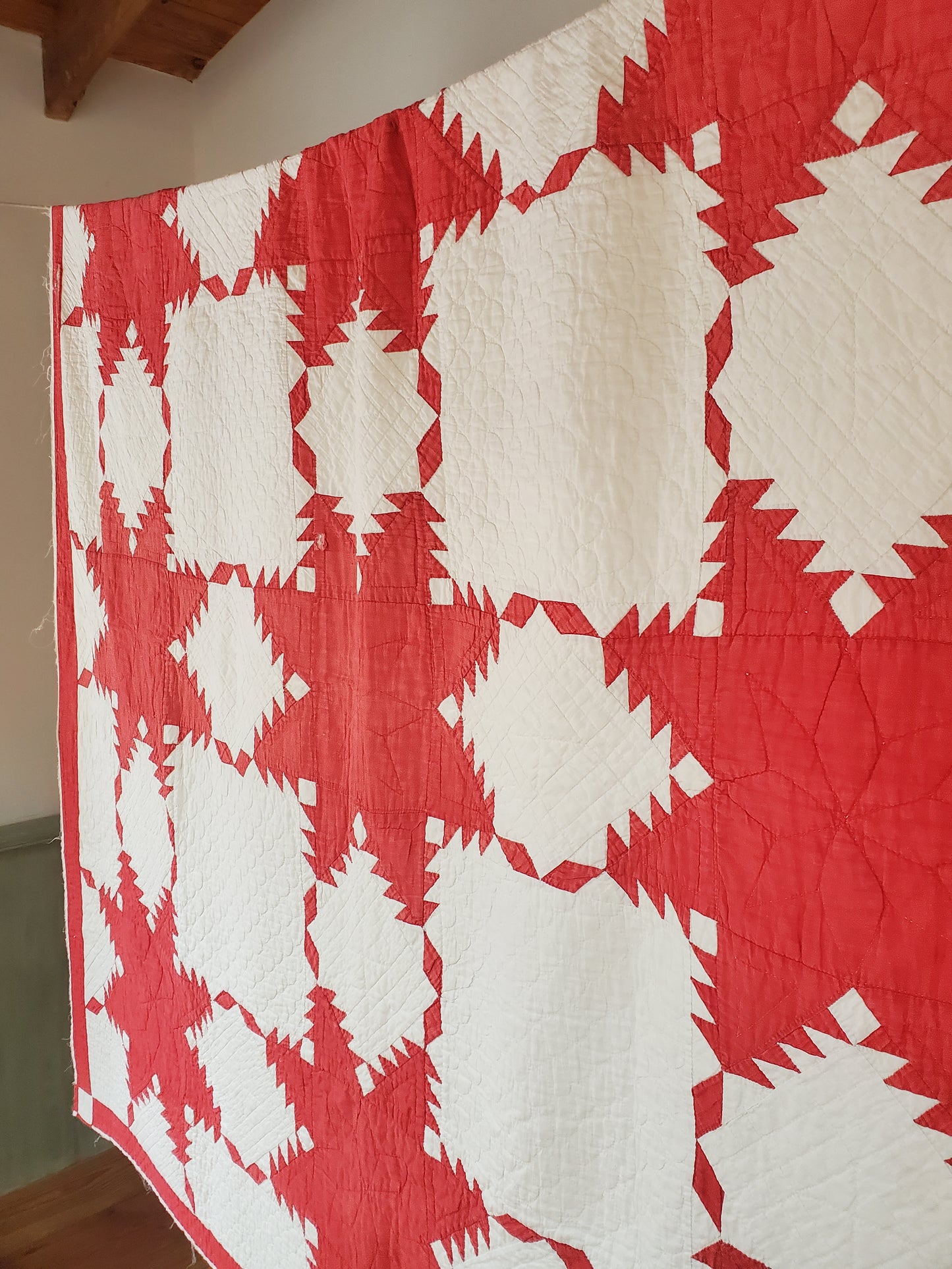 Turkey Red & White Feathered Star Antique Quilt, ca 1900